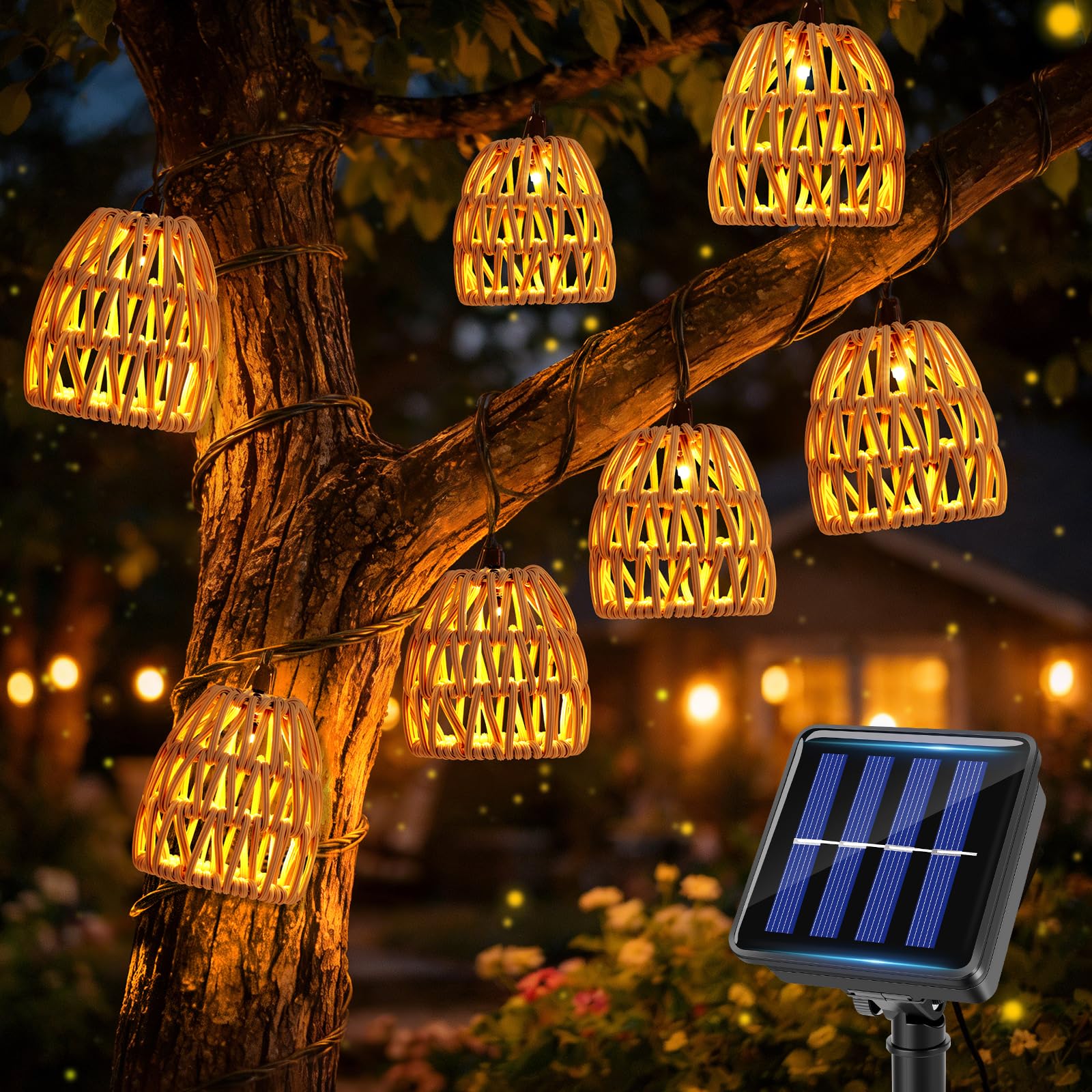 10 LED Guirlande Solaire Exterieur 3,6 m, Guirlande Lumineuse Exterieure Solaire IP44 Étanche, Lampions Boule en Rotin Aspect PE, Batterie 600mAh, pour Balcon et Jardin