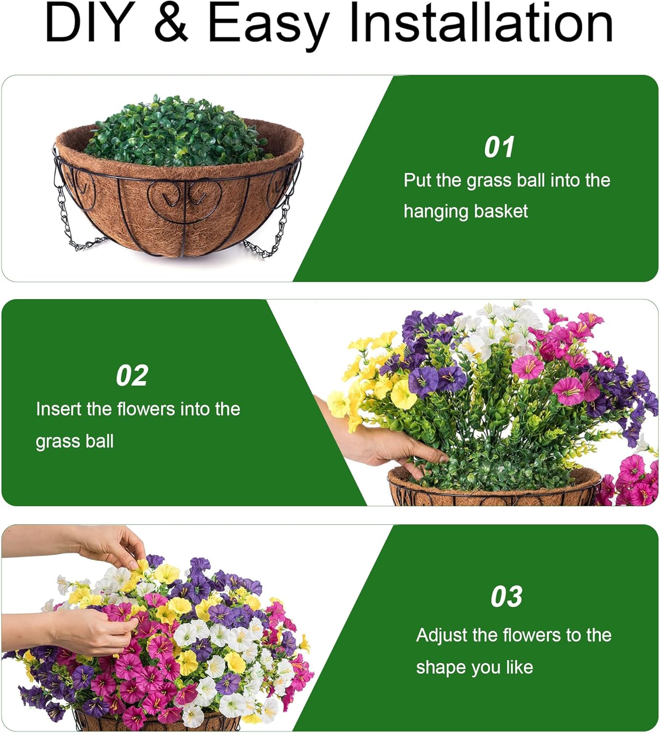 2 Set Artificial Fake Hanging Flowers Plants Baskets for Outdoors Spring Outside Decor , UV Resistant 24 Pcs Faux Silk Morning Glory with 2 Outdoor Hanging Planters Look Real for Porch Patio Balcony