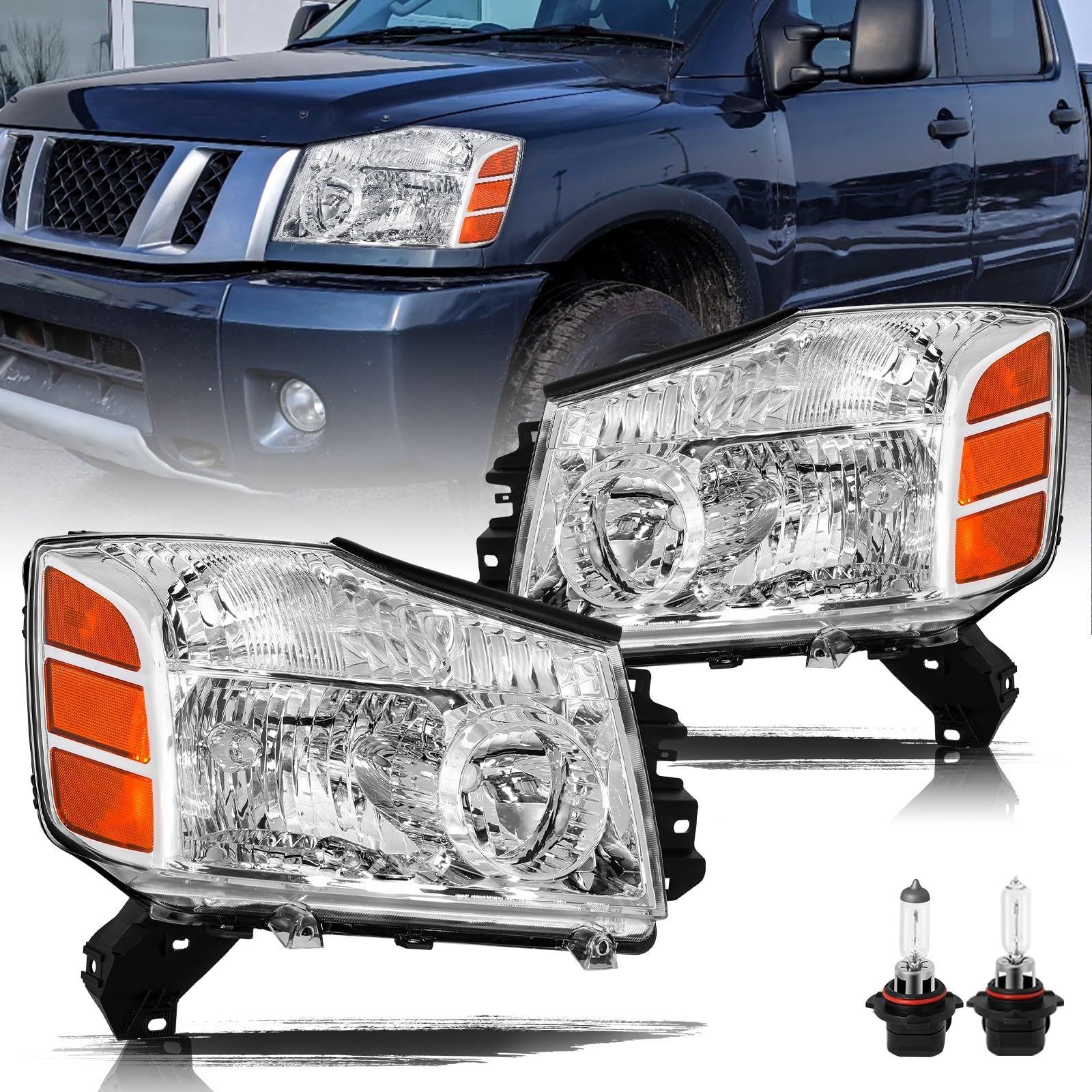 Aosky Headlight Assembly Replacement for 2004-2015 Nissan Titan / 2004-2007 Armada Chrome Housing Front Halogen Headlamps Set Driver Left and Passenger Right Side