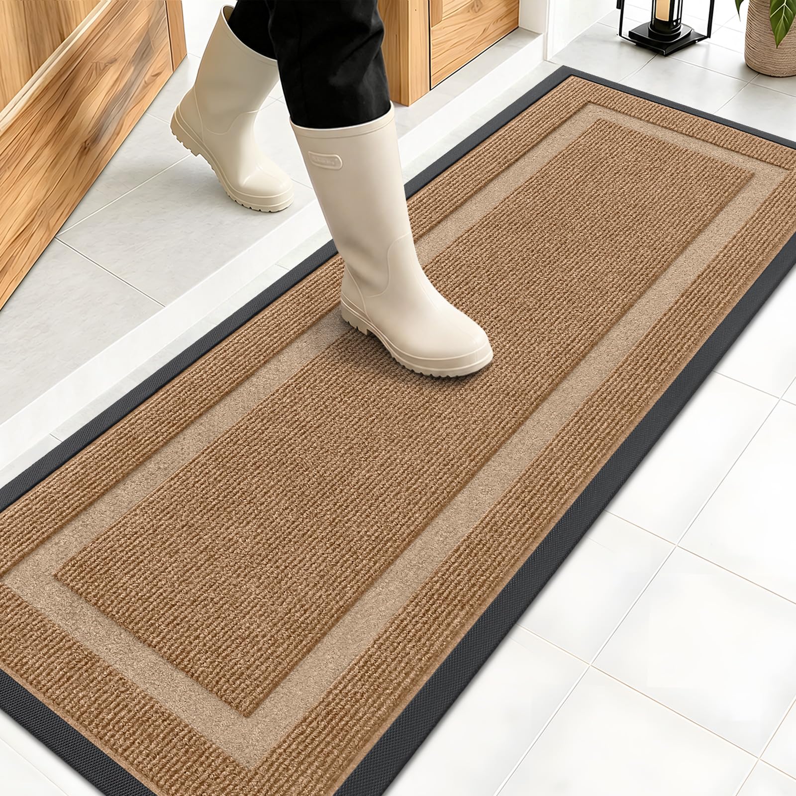 OLANLY Front Door Mat Outside 47x17, All-Season Heavy-Duty Rubber Doormat | Light Brown, Absorbent, Stain Fade Resistant, Waterproof Non-Slip Backing, Low-Profile Indoor Outdoor Floor Mat for Entryway