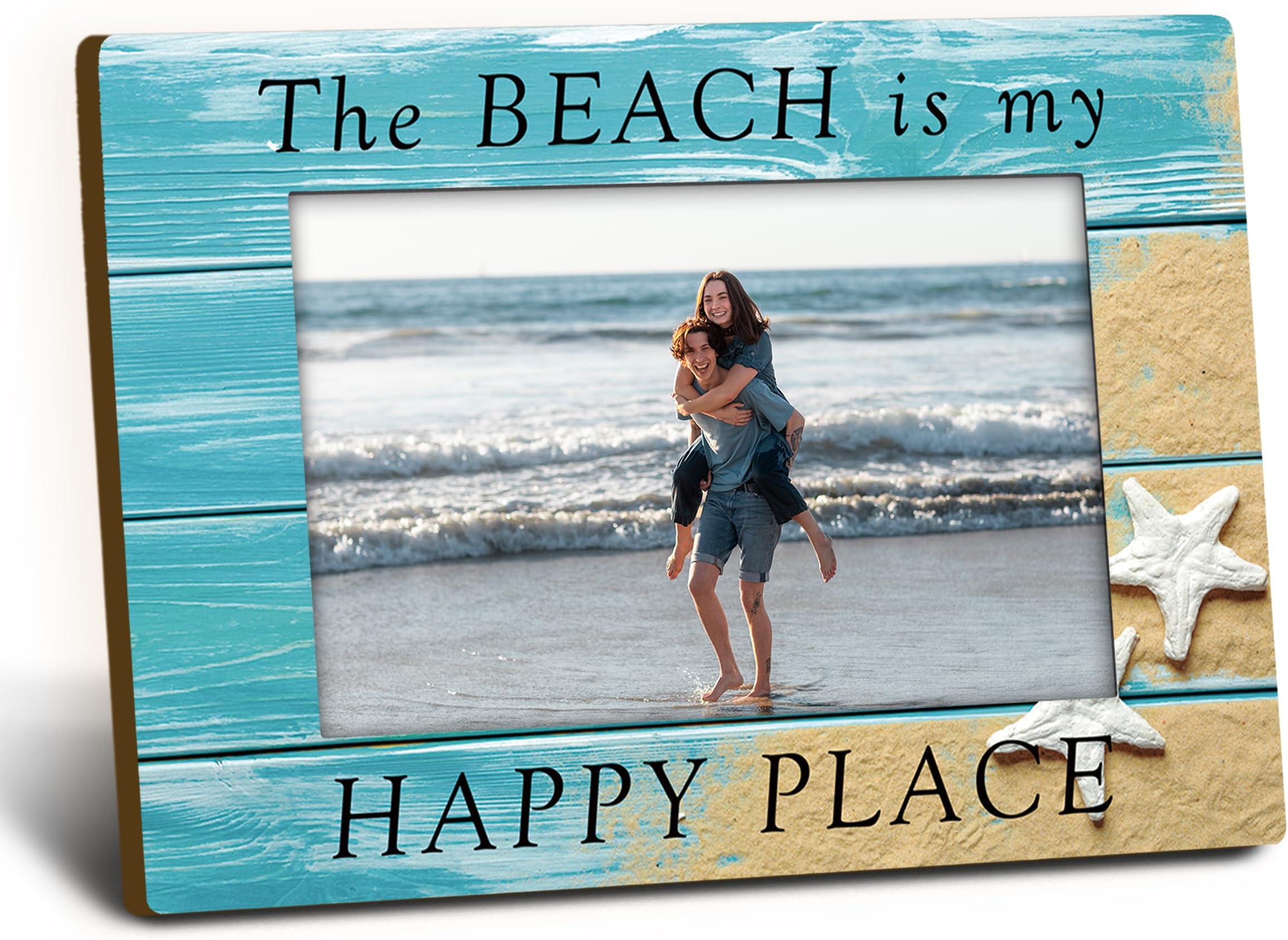 Beach 4x6 Picture Frame, BeachLover Gifts Wooden Picture Frame, BeachThemed Gifts for BeachLover, The Beach is My Happy Place Decorative Photo Frames for BeachHouse Table Desk Decor