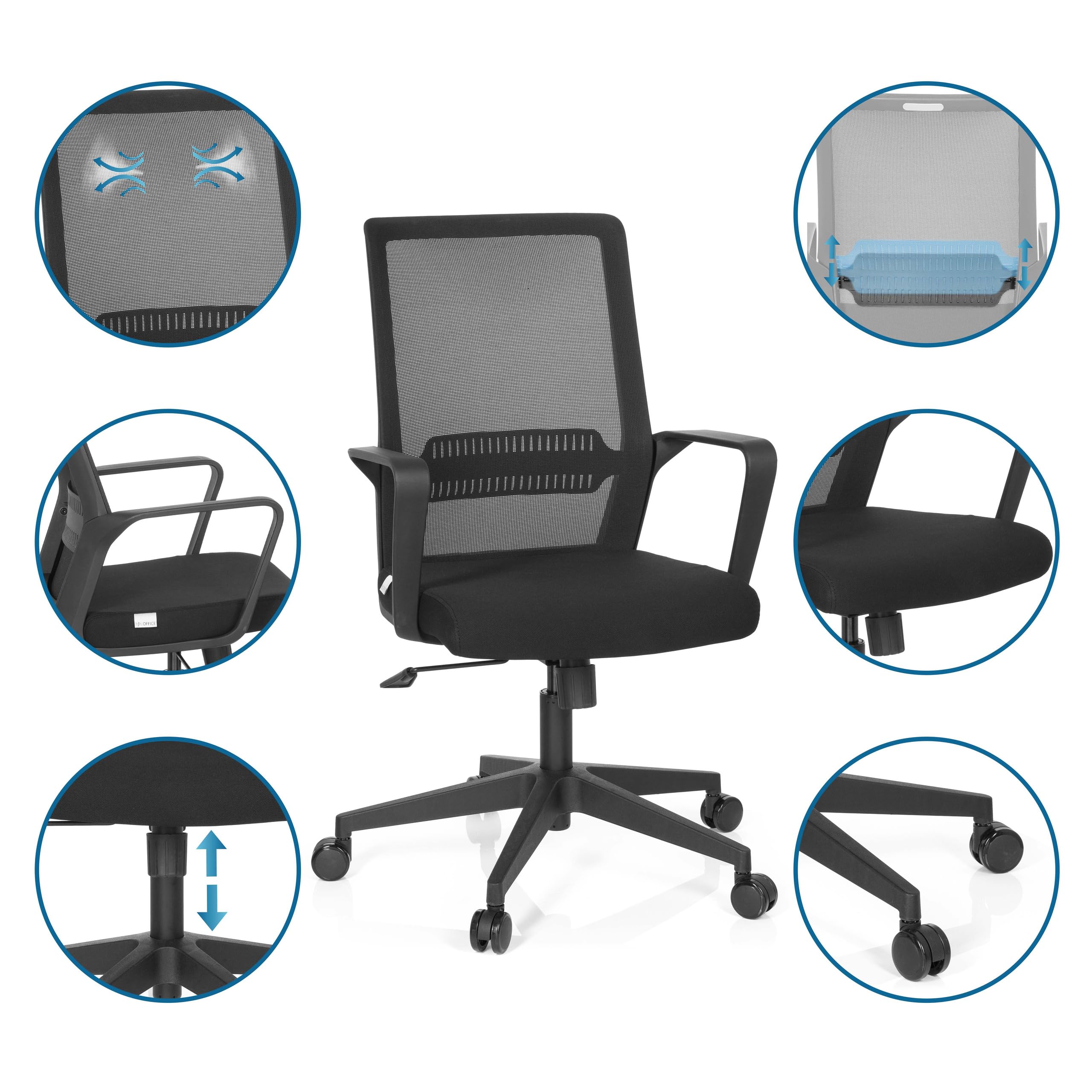 HJH Office 732030 Sedia da ufficio PRESTON in tessuto nero Sedia girevole da ufficio ergonomica con supporto lombare