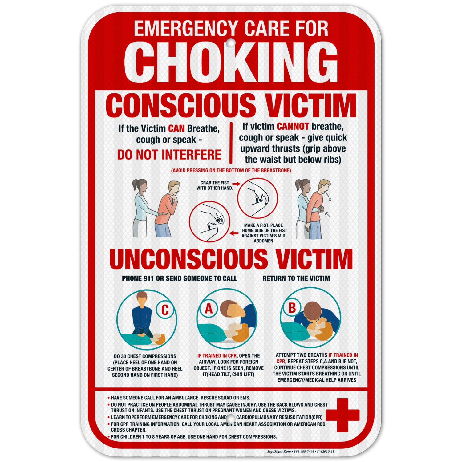 Emergency Care for Choking Conscious Victim Unconscious Victim Sign, 12x18 Inches, 3M EGP Reflective .063 Aluminum, Fade Resistant, Made in USA