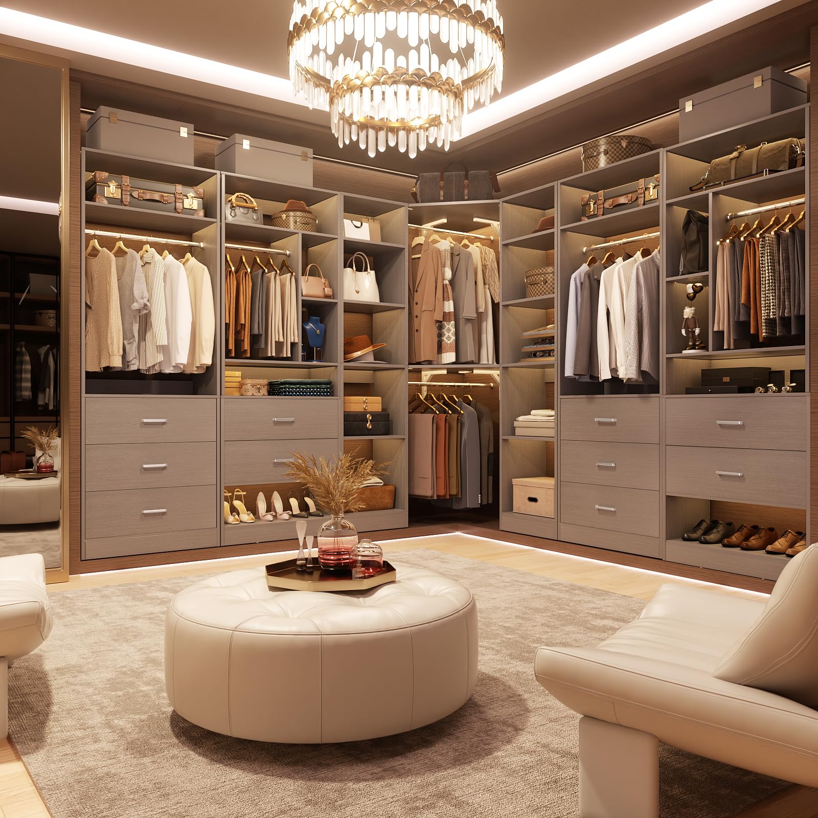 Corner Closet System with 12 Shelves, 39.2" Corner Closet Organizer System with 2 Hanging Rods, Versatile 6-Tier Walk-in Closets for Corner Space, Grey (39.2" L x 39.2" W x 80" H)