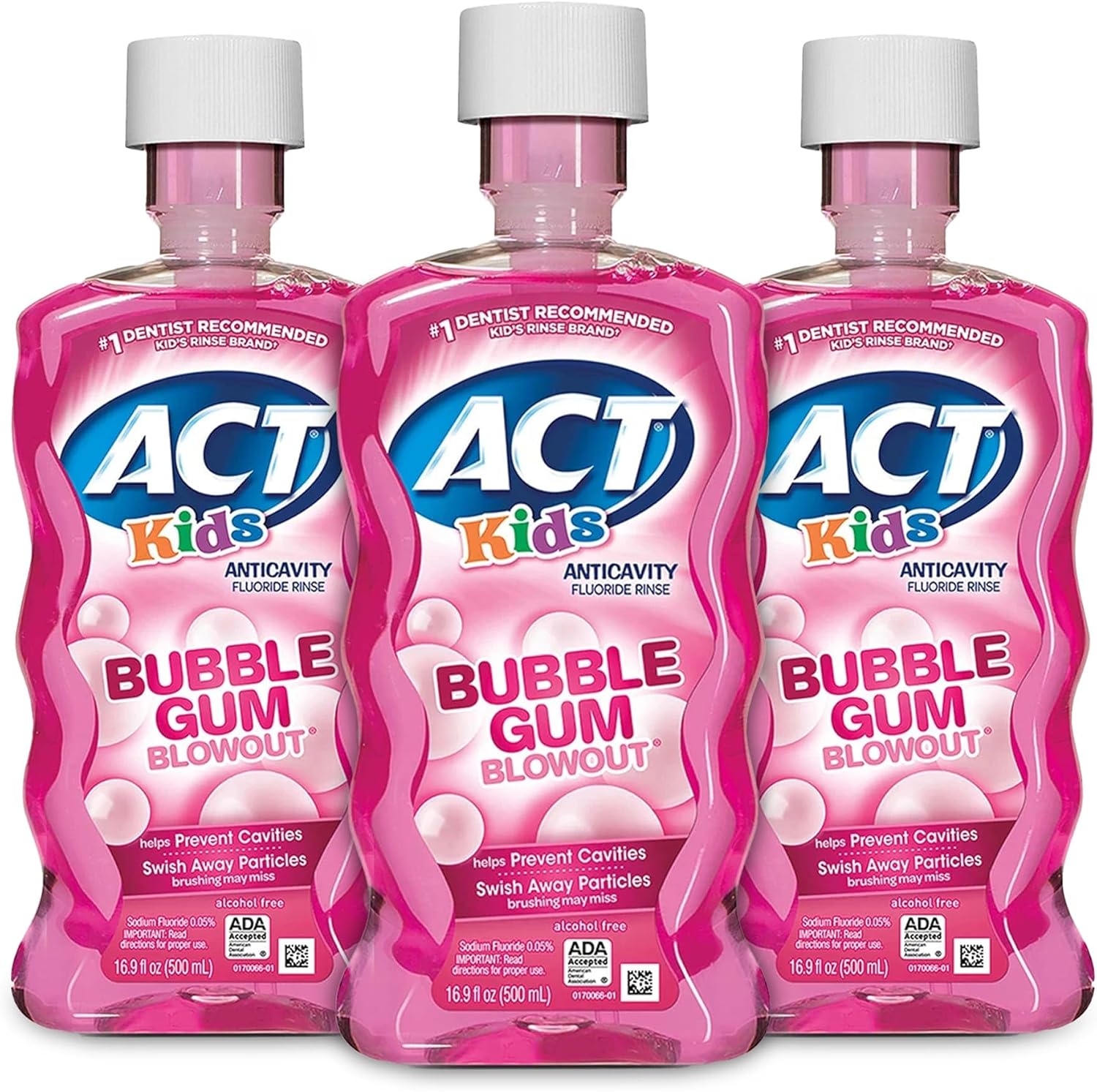 ACT Kids Anticavity Fluoride Mouthwash, Sugar & Alcohol Free Mouth Rinse Strengthens Teeth, Bubble Gum Blowout, 16.9 fl. oz.(Pack of 3)