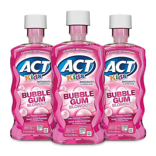 ACT Enjuague anticaries con flúor para tratamiento contra el mal aliento para niños, Bubble Gum Blowout, 16.9 onzas líquidas (paquete de 3)