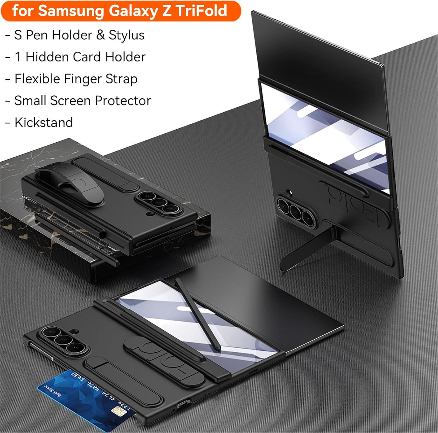 Wrist Strap for Samsung Galaxy Z Trifold Case with S Pen Holder & Stylus, Wallet Card Slot Small Screen Protector Kickstand Hinge Protection Wristband Protective Case for Z Trifold Black