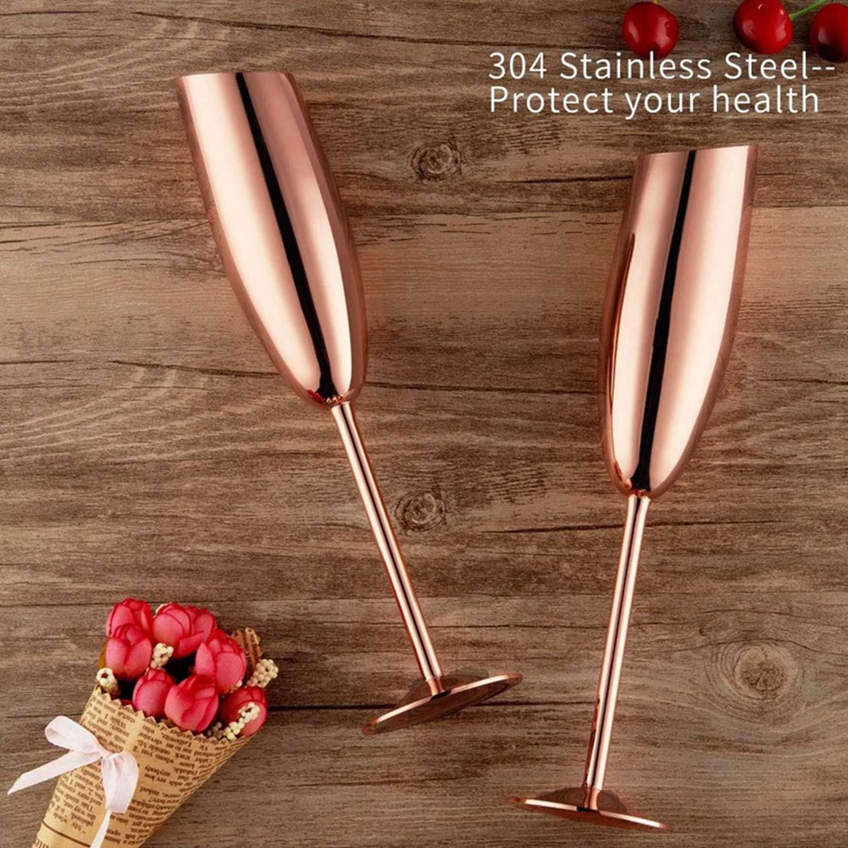 DAZLOR Lot de 8 flûtes à champagne en acier inoxydable, verres en or rose, incassables, incassables