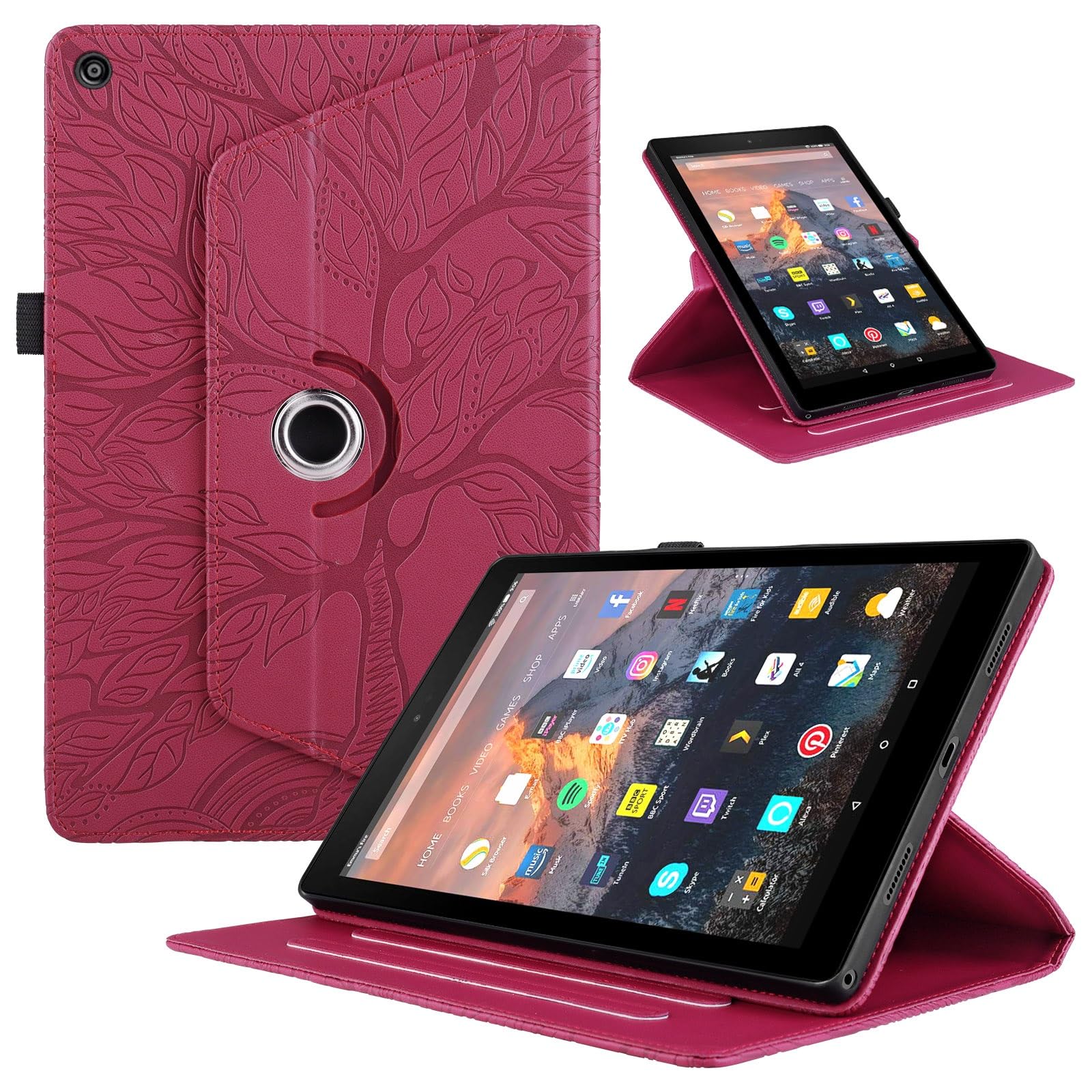 Kompatybilny z etui Kindle Fire HD 8 (7./8. generacji, wydanie 2016/2017/2018) na tablet obracany o 360 stopni stojak składany pokrowiec drzewo życia tłoczona powłoka(Rosso)