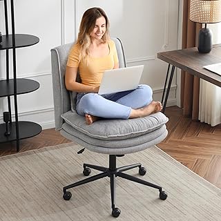 VINGLI Cloud Criss Cross Legged Chair,18" High Back Armless Home Office Desk Chair with Wheels,Wide Adjustable Comfy Padded Seat Task Computer Chair,Modern Swivel Makeup Vanity Chair,Fabric,Grey