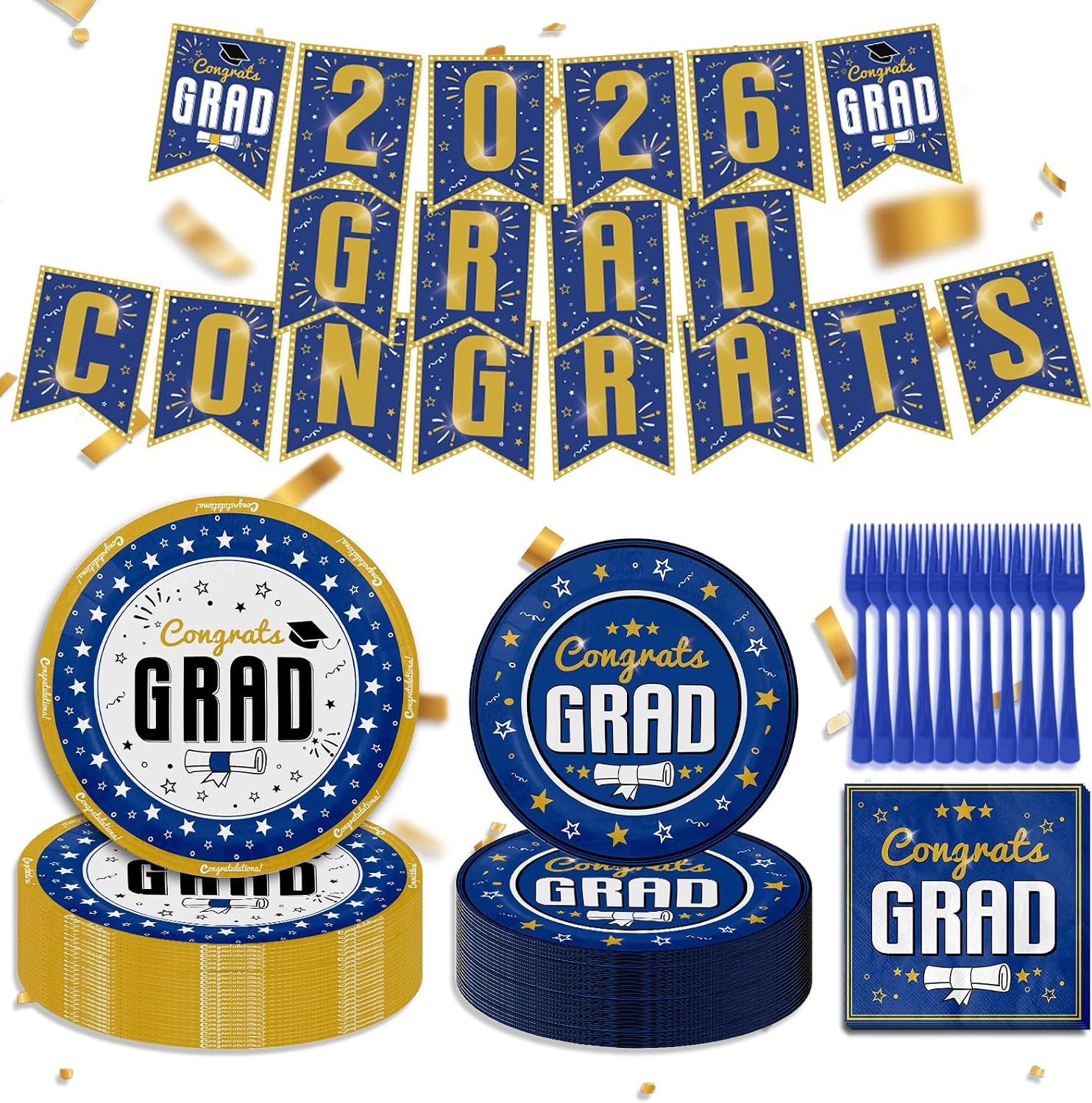 CXPSINC 100 Pcs Graduation Class of 2026 Disposable Dinnerware Set with Plates Napkins Forks and Banner Party Decorations, Serves 25 Guests School College Graduation Theme Party Supplies (Blue)
