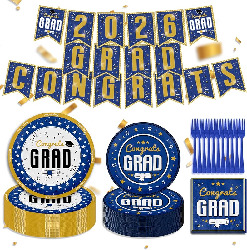 CXPSINC 100 Pcs Graduation Class of 2026 Disposable Dinnerware Set with Plates Napkins Forks and Banner Party Decorations, Serves 25 Guests School College Graduation Theme Party Supplies (Blue)