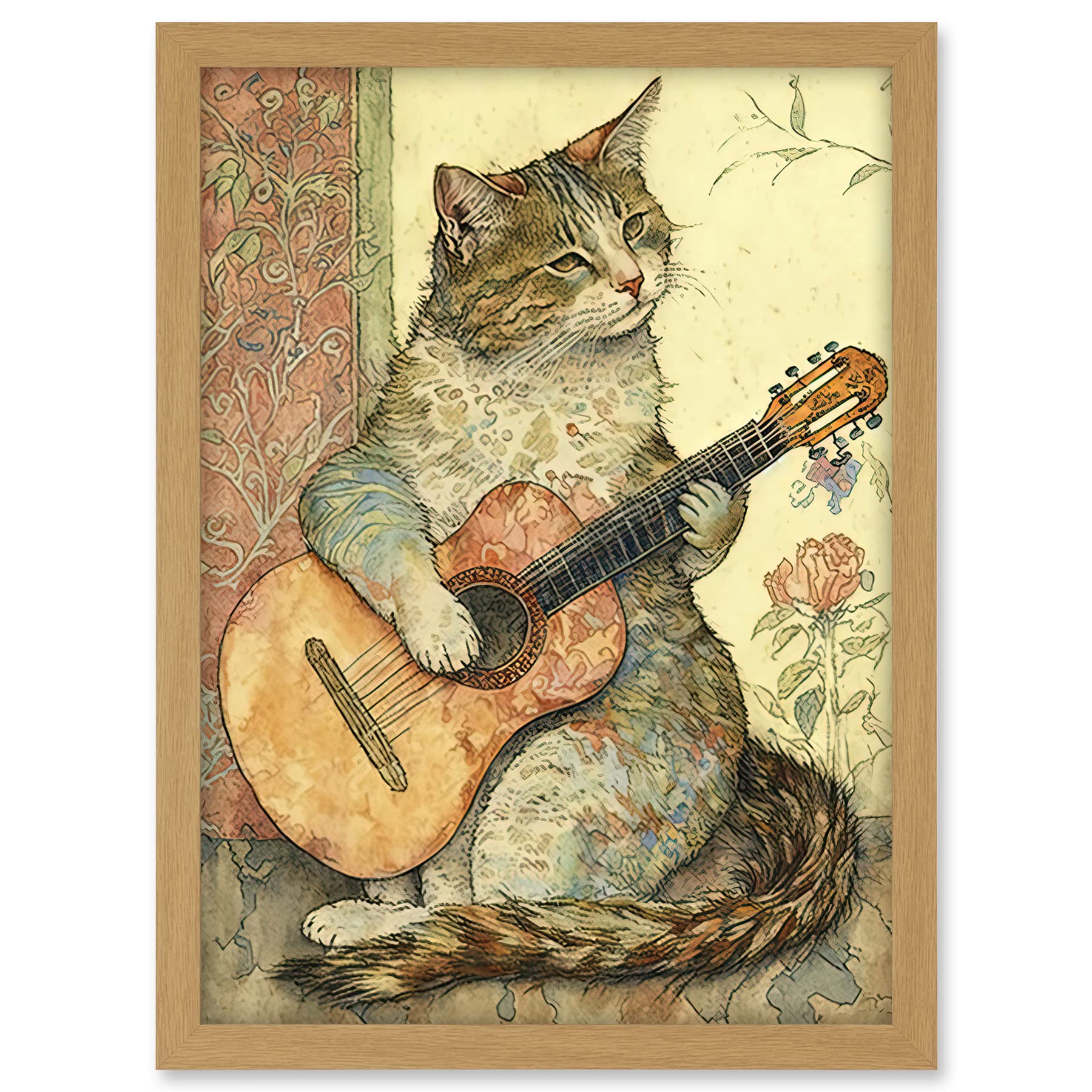 Artery8 Street Musician Cat with Guitar by Flower Pattern Mural Pastel Watercolour Illustration Artwork Framed A3 Wall Art Print