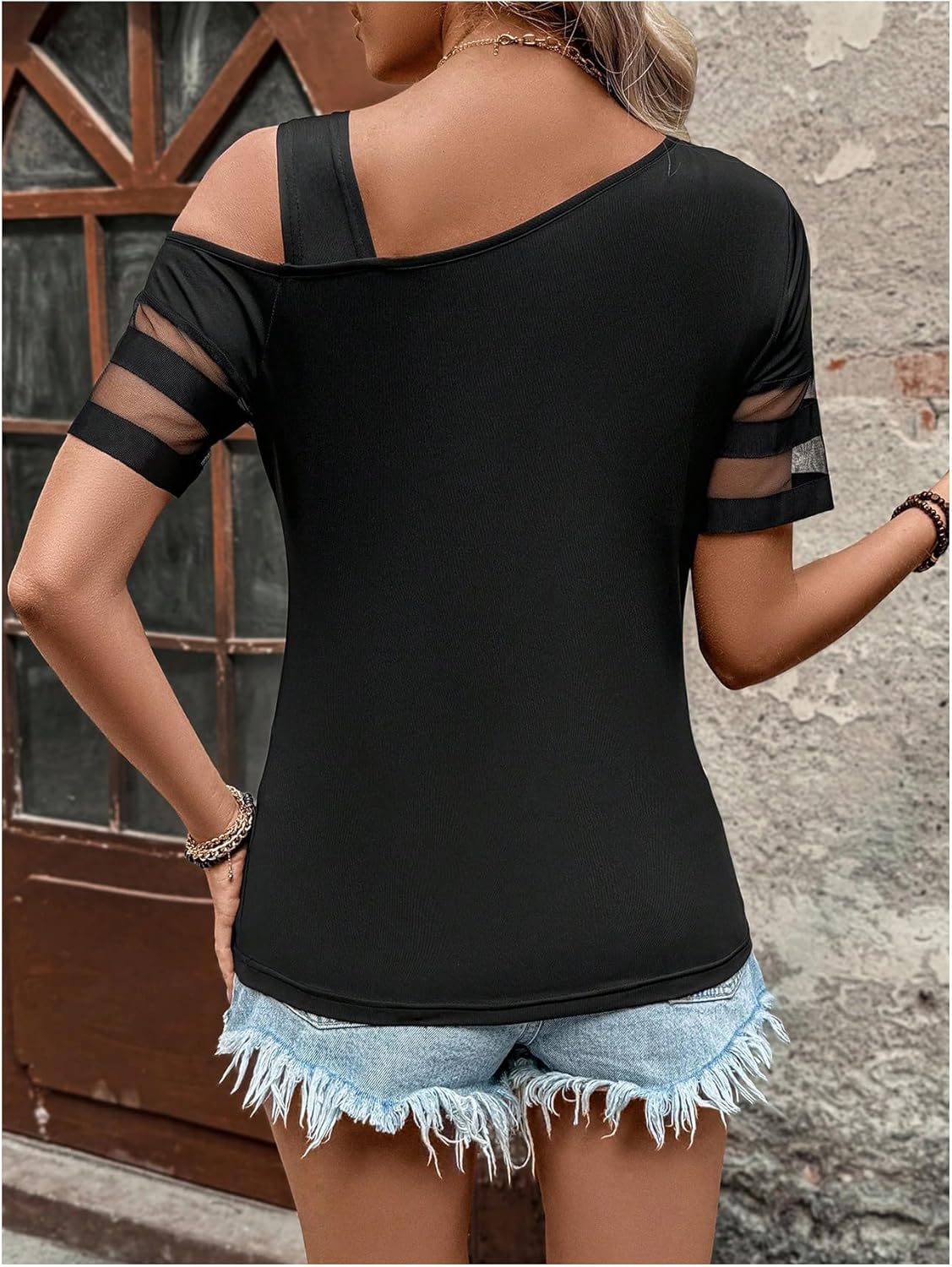 SOLY HUX Women's Summer Mesh T Shirt Cold Shoulder Asymmetrical Neck Short Sleeve Casual Tee Tops - Image 2