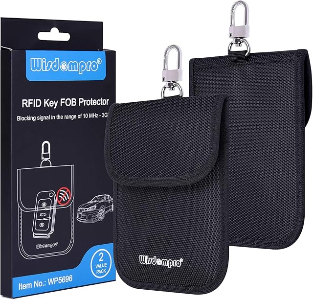 Faraday Pouch for Car Keys, Wisdompro 2 Pack Car Key Signal Blocking Pouch, RFID Blocker for Car Keys, Anti-Theft Remote Keyless Entry Protector with Keyclip - Black