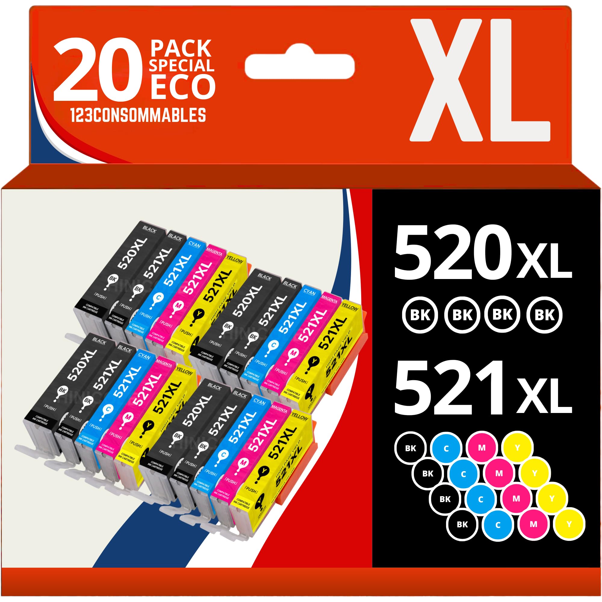 Lot De 20 Cartouches D'encre Compatibles Canon 520/521 XL - Pour Imprimantes Pixma, Neuf