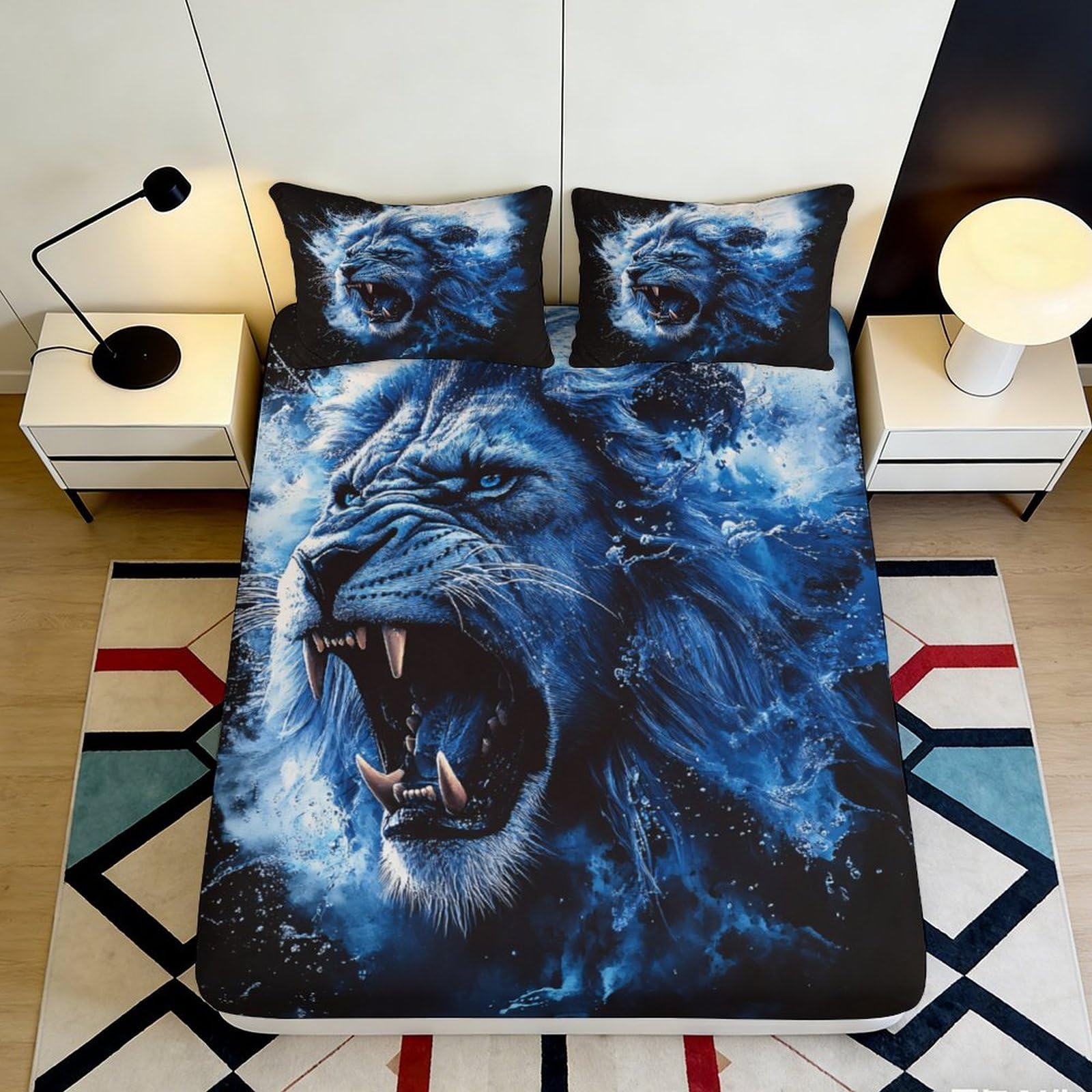 Tjiqhvmrn Style-2 3D Printed Blue Lion Pattern Fitted Sheet Microfiber Deep Pocket Bedroom Bedding Blue Lion Mattress Fitted Cover Non-Slip Elastic Hem Washable For Adults Teens 90X200x25cm
