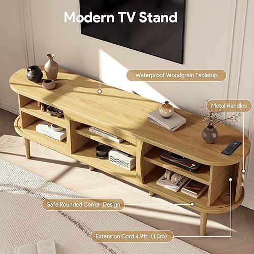 Miniatura 6 de Soporte de TV de mediados de siglo para televisores de hasta 80 pulgadas, centro de entretenimiento con almacenamiento, toma de corriente, puertas