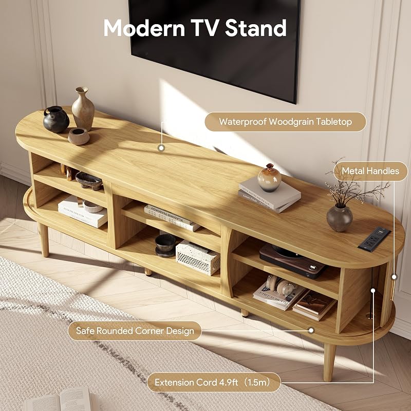 Decofy Mid Century TV Stand for TVs up to 80 Inches, Entertainment Center with Storage, Power Outlet, Fluted Sliding Doors & Adjustable Shelves, Modern Media TV Console Table for Living Room (Oak) image 6