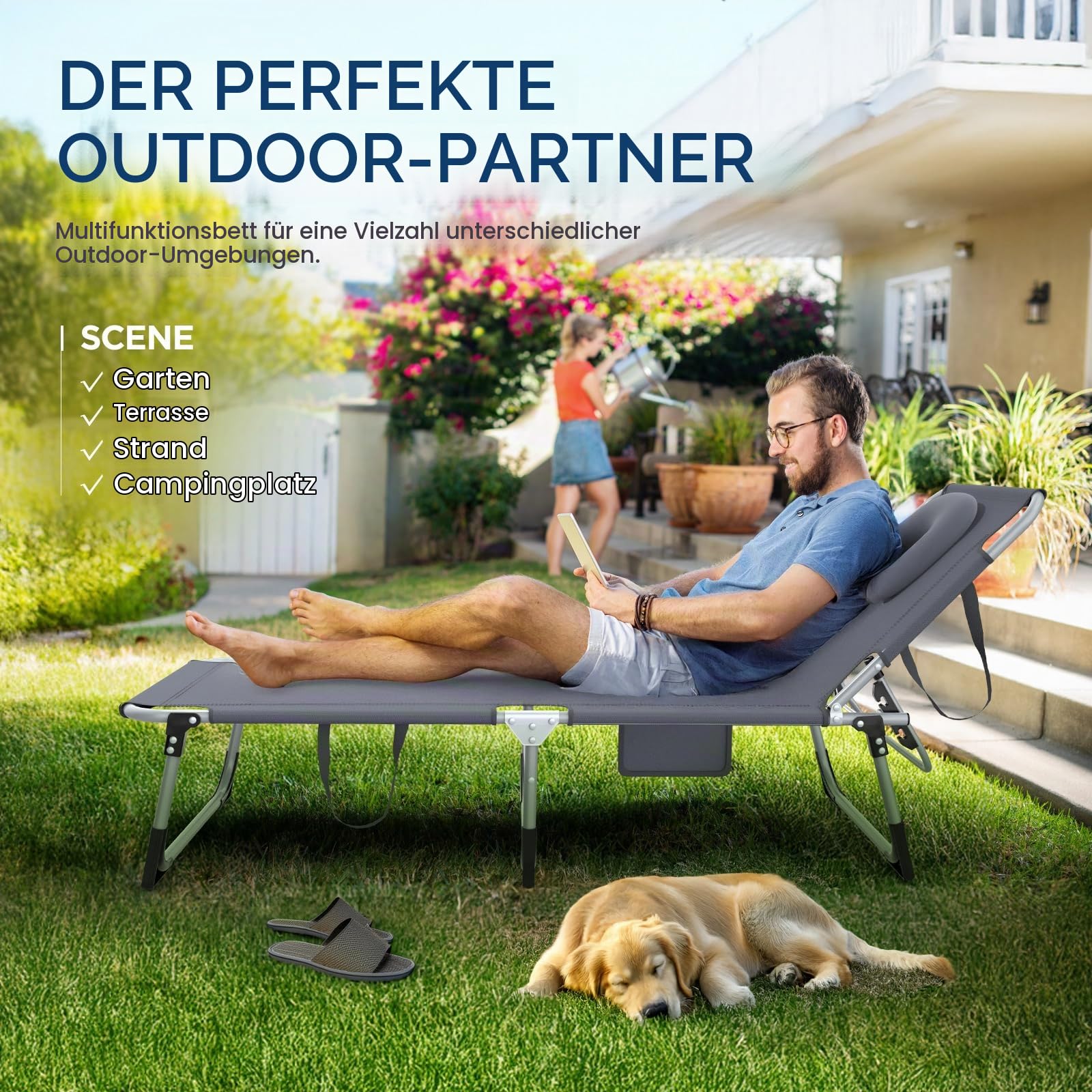 Sonnenliege Klappbar, Gartenliege mit Gesichtsöffnung, abnehmbaren Kissen & 3-Fach Verstellbarer Rückenlehne, Liegestuhl Strandliege für Garten, Balkon & Terrrasse, max.150 kg, Grau