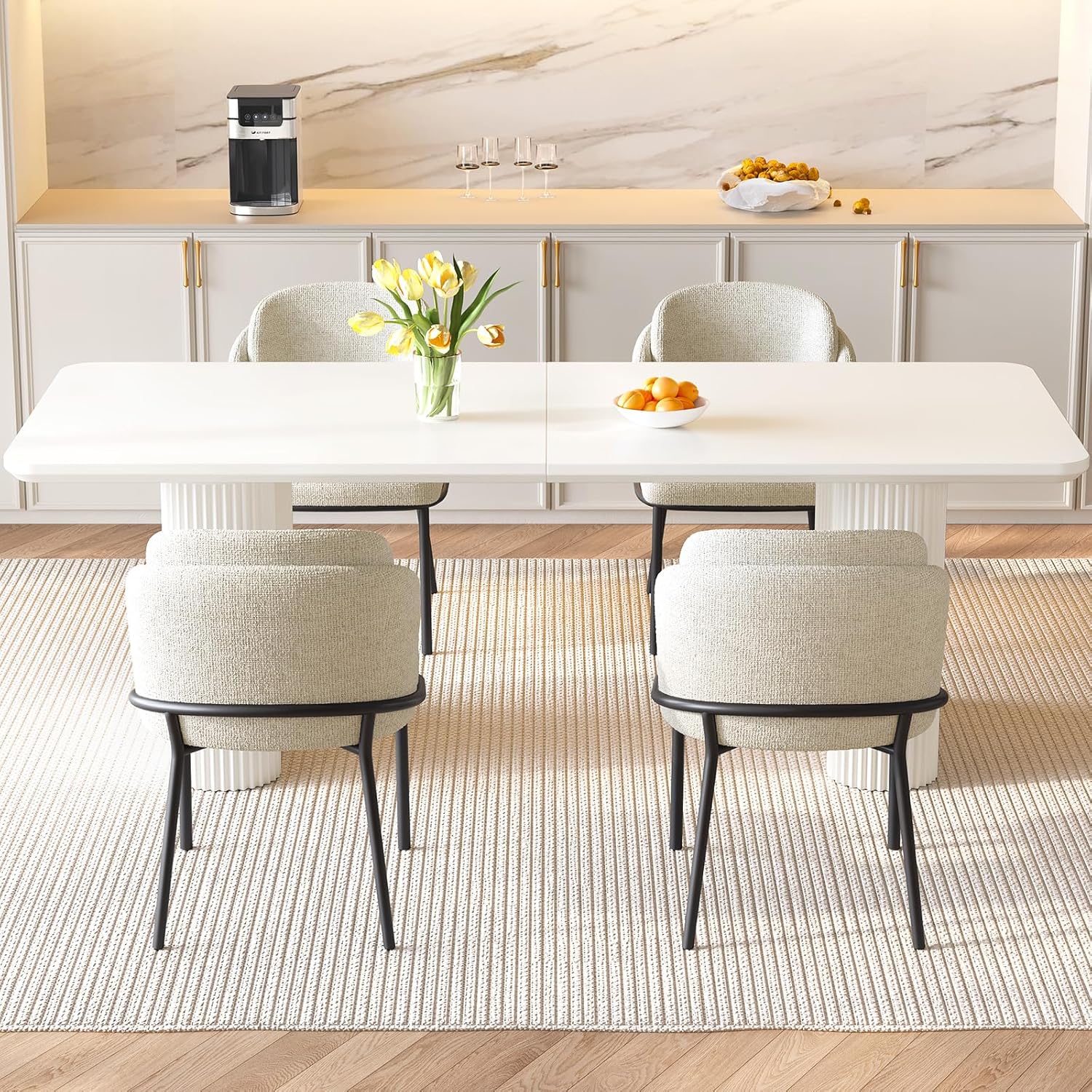 Miuuod 78.97" Extra Large Kitchen & Dining Table Set,with 6 Chairs,Modern Kitchen Table for Dining Room,Table-Island for Big Family,Console Desk with 6 Upholstered Chairs,Cream White