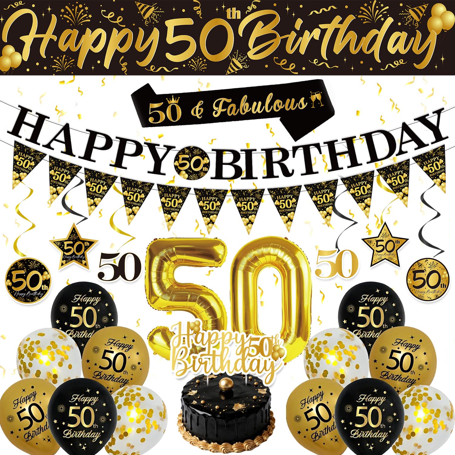 Luvart Birthday Decorations Birthday Banner - Happy 50th Banner Decorations for 50th Party, Decor Set with Balloons Triangle Bunting Cake Topper for Celebration