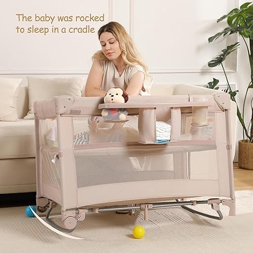 Miniatura 5 de Corral 5 en 1 Pack and Play, Moisés Portátil de Viaje para Bebé, Corral de Juegos Plegable de Viaje para Niños Pequeños, Cuna Lateral, Mesa Oro