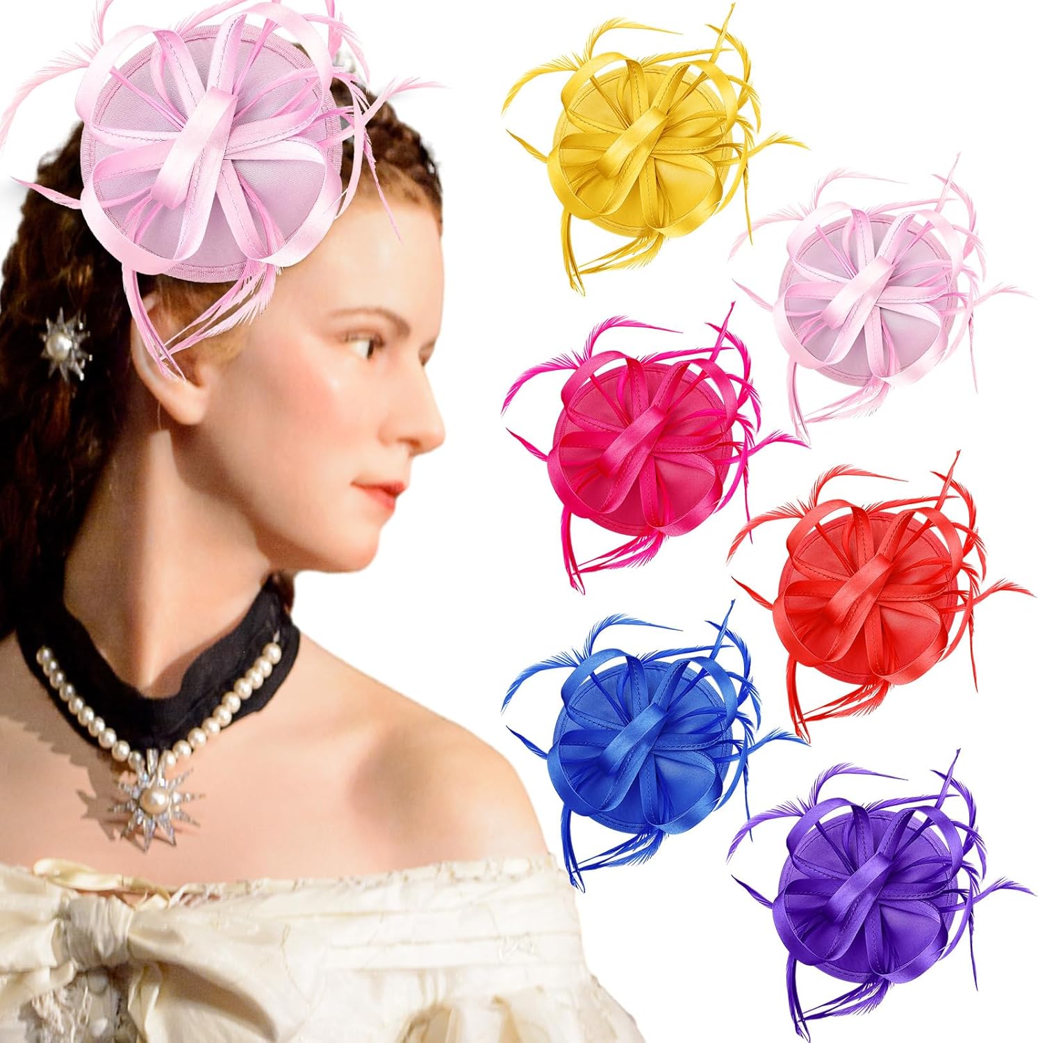 Roshtia 6 Pcs Derby Party Hat Headband for Women Fascinator Hats for Tea Party Wedding Bridal Cocktail Feathers Hair Clip