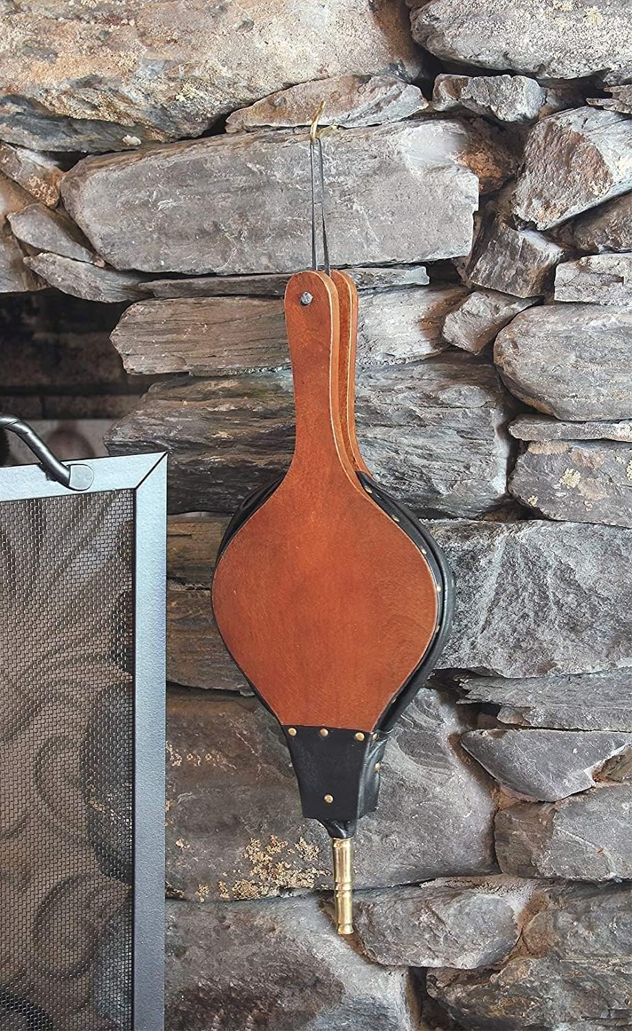 Small, Maple Fireplace Bellows Made of Mango Wood, Black Leather with Hanging Strap for Quick Blast of Air, 15" L X 6" W