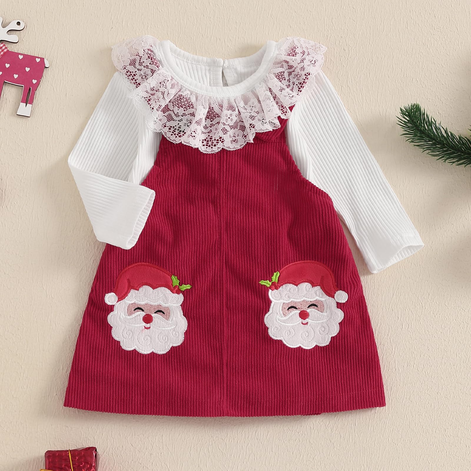 Doisbetthsay My First Christmas Baby Girl Outfit Long Sleeve Romper + Suspender Skirt Toddler Newborn Baby Santa Outfit (White G, 6-12 Months)