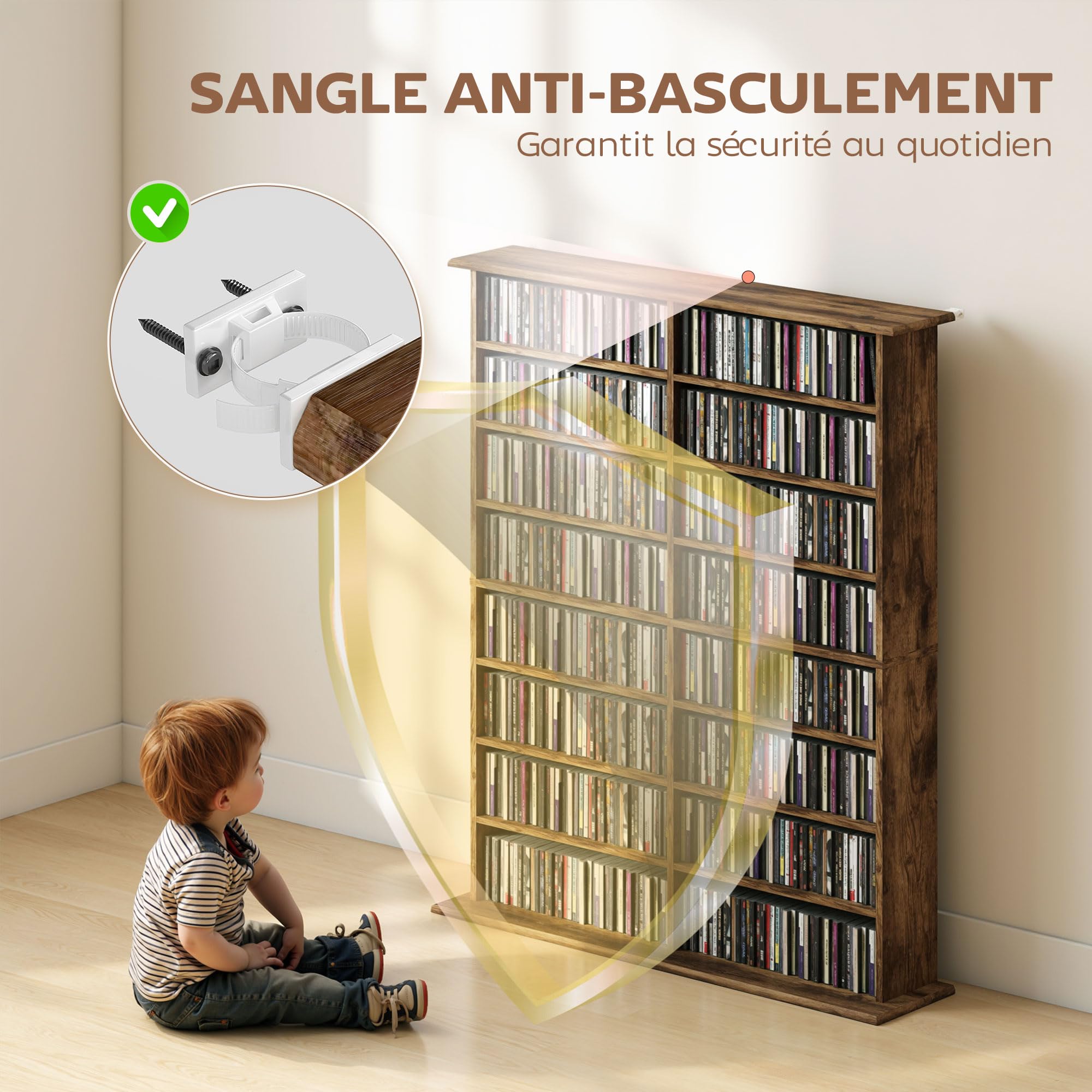 HOMCOM CD- und DVD-Aufbewahrung, Multimedia-Aufbewahrung, max. 720 CD/396 DVDs und Blu-Rays, 16 Fächer und 12 verstellbare Einlegeböden, für Wohnzimmer, Schlafzimmer, 106,5 x 24 x 126,3 cm, Braun
