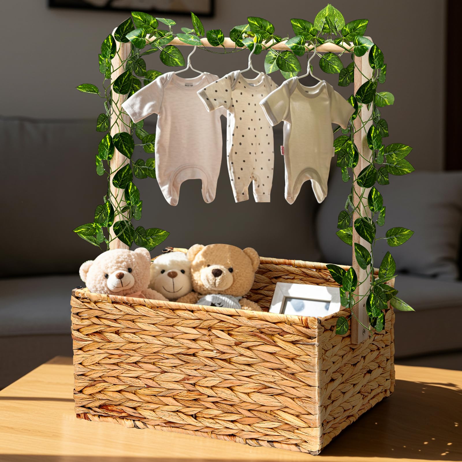 Juexica Baby Shower Crate Closet Wicker Baby Welcome Box Woven Crate Baby Gift Basket with Handle and Garland Welcome Baby Gifts for Boys Girls Newborn Gift Storage