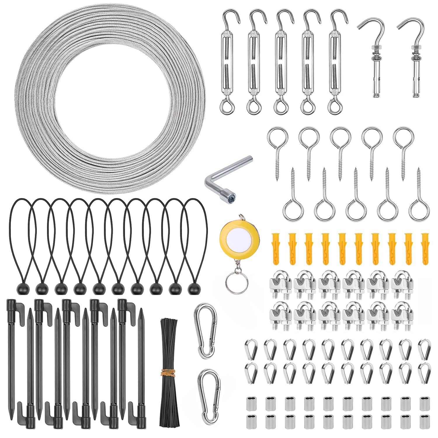 Kit di cavo acciaio da 60 m, funi metalliche in acciaio inox da 3 mm con tenditori M5, funi di sospensione rivestite in vinile per luci a filo da esterno, campeggio, tralicci da giardino