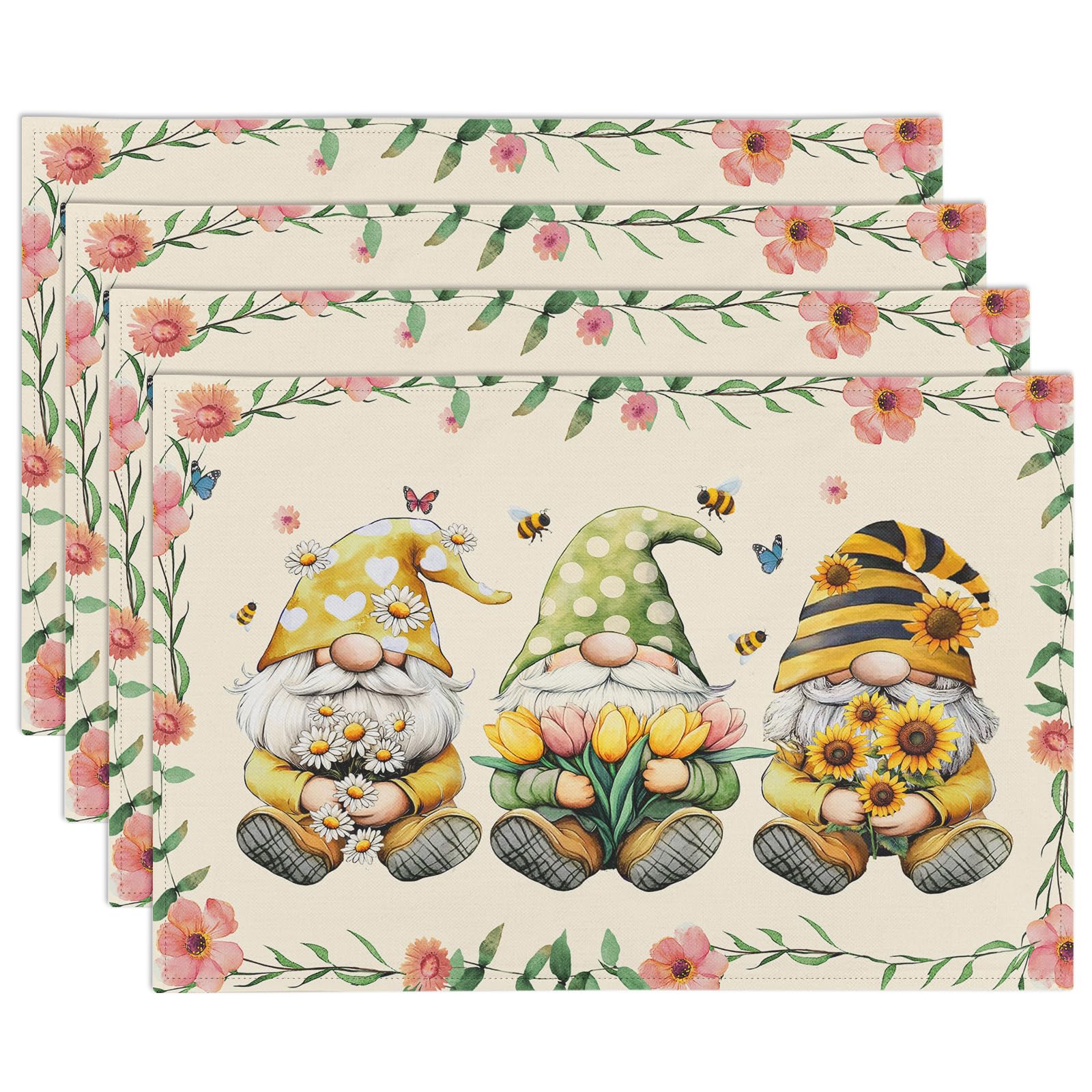 Spring Summer Gnome Floral Placemats Set of 4 Bee Sunflower Kitchen Decor Daisy Floral Placemat 12 x 18 Inches Seasonal Rustic Holiday Dining Table
