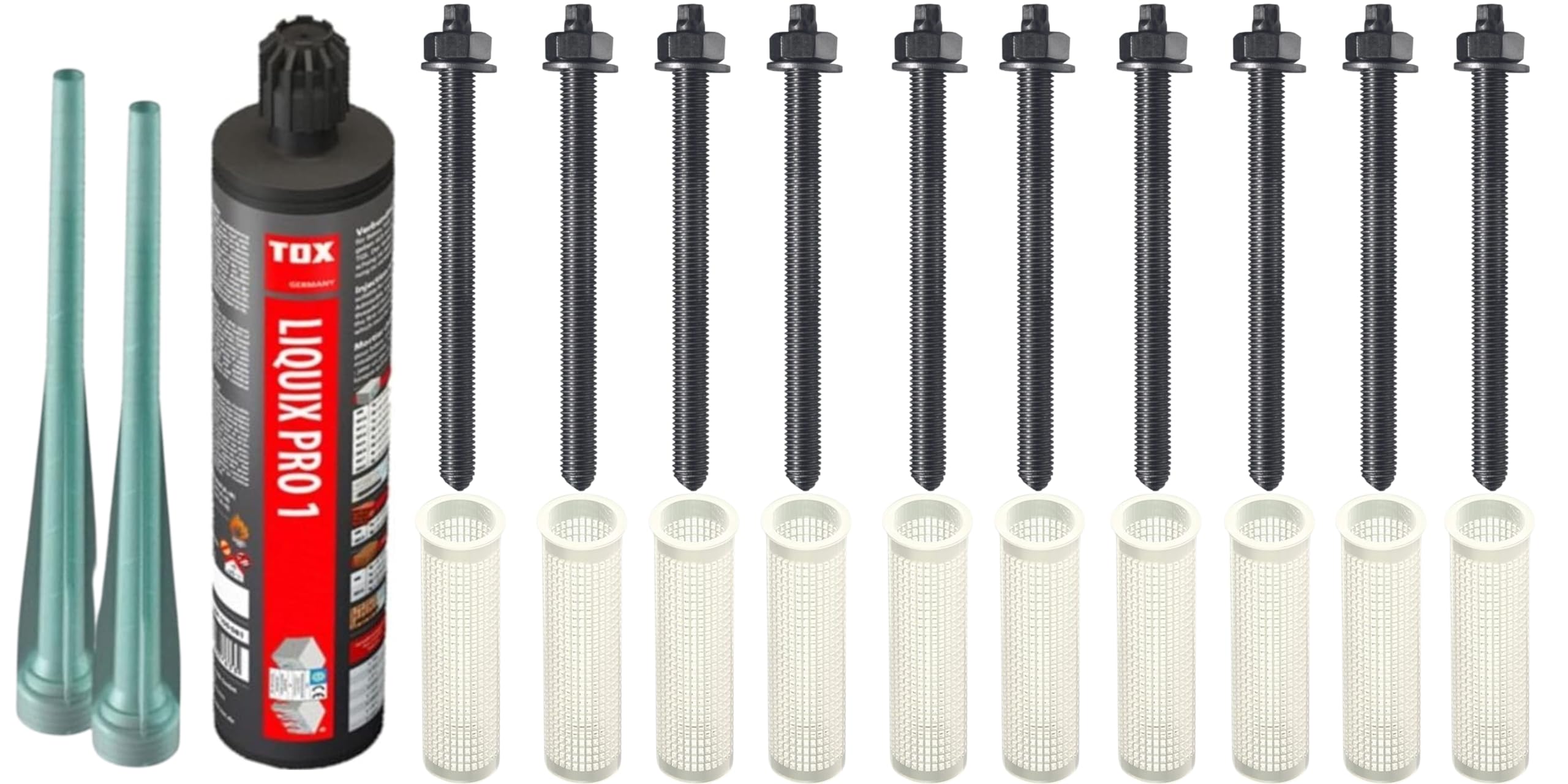 Schwerlast-Befestigungsset mit ZULASSUNG : 10x 10x130mm Ankerstangen A4 + 1x Liquix Pro 1 + 10x 16x85mm Siebhülsen, Montagesets M6-M16 (Edelstahl A4, M10 x 130mm)