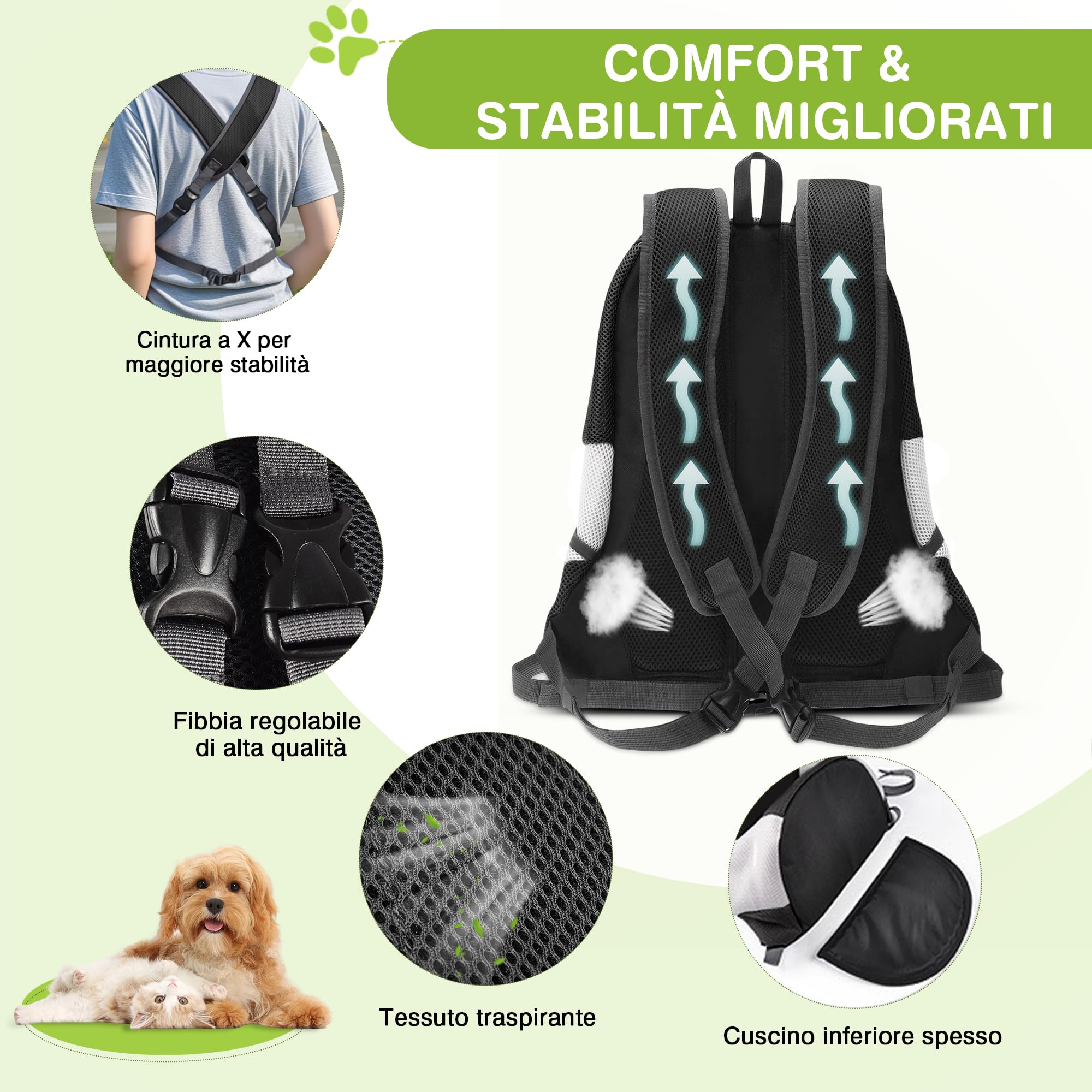ALLSOPETS Mochila para Perros, Transportín para Perros y Gatos Pequeños, Bolsa de Viaje Ajustable, Mochila para Perro para Bicicleta, Moto, Senderismo, Camping (Negro Carbón, L)