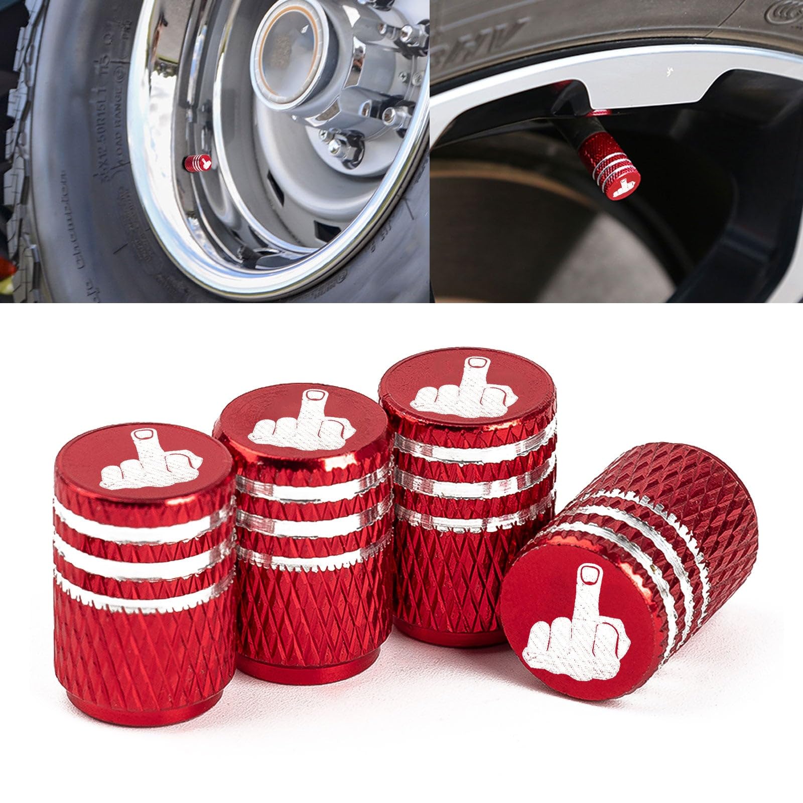 Xotic Tech Tire Valve Stem Caps 4 Pack Anodized Aluminum Tire Valve Cap Set, Corrosion Resistant Air Leakproof Universal Stem Covers for Cars Trucks Motorcycles SUVs and Bikes (Middle Finger Red)