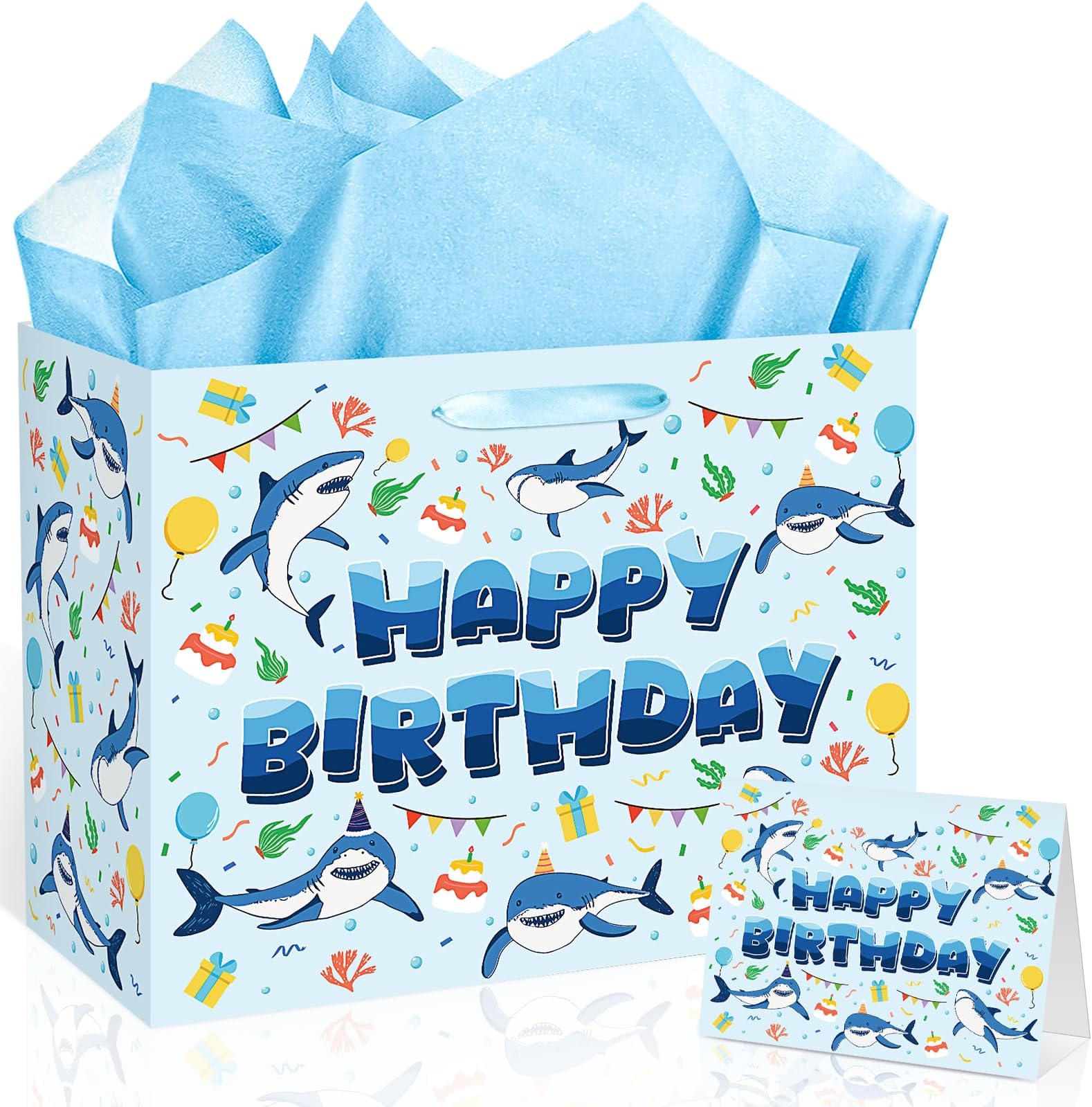 TagreSpike Shark Birthday Gift Bag Happy Birthday Bags for Boys Under the Sea Gift Bag with Greeting Card and Blue Tissue Paper Shark Wrapping Paper for Kids Bday Party Favors Supplies