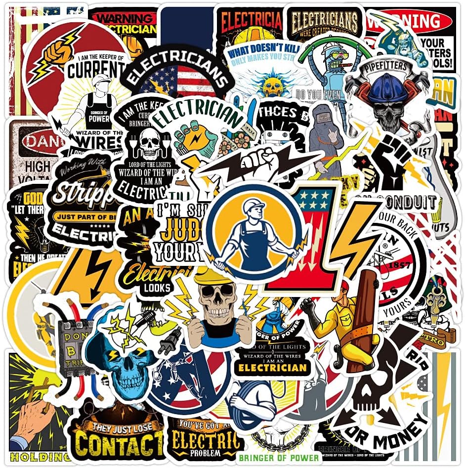 Electrician Stickers, 50 Pcs Assorted Vinyl Decals for Hard Hat Toolbox, Laptop - Professional & Funny Designs