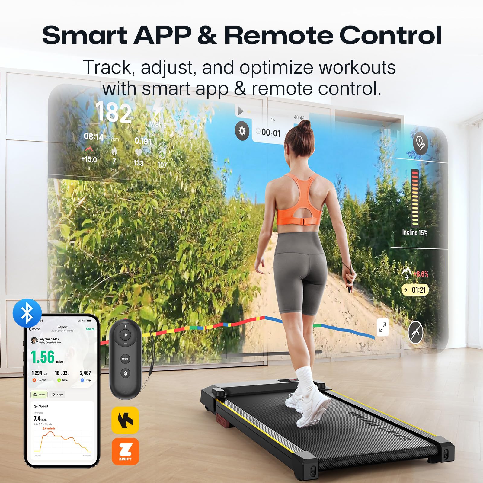 UREVO Tapis Roulant Al Intelligente, 2 in 1 Portatile Tapirulan Elettrico sotto scrivania da casa/ufficio, Doppia Ammortizzazione, 2,5 HP Smart Walking Pad corsa UREVO APP Zwift Kinomap