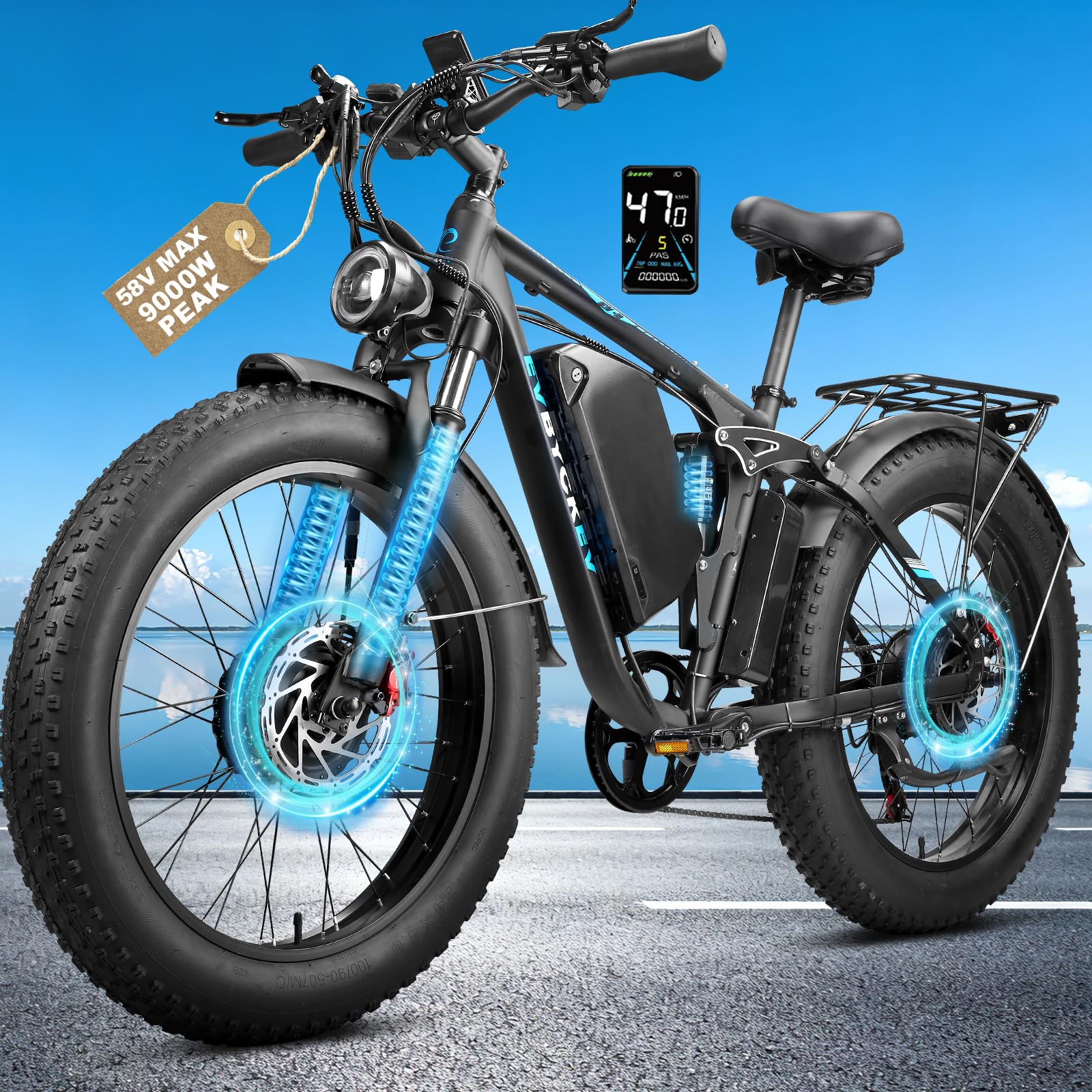 9000W Peak Dual Motor Ebike for Adults 47 MPH Fast ElectricBike, 58V Max Output 1972 Wh Up to 105 Miles Ebikes,24" Fat TireE-Bike,Full Suspension Electric Bicycle for Mountain Commuter