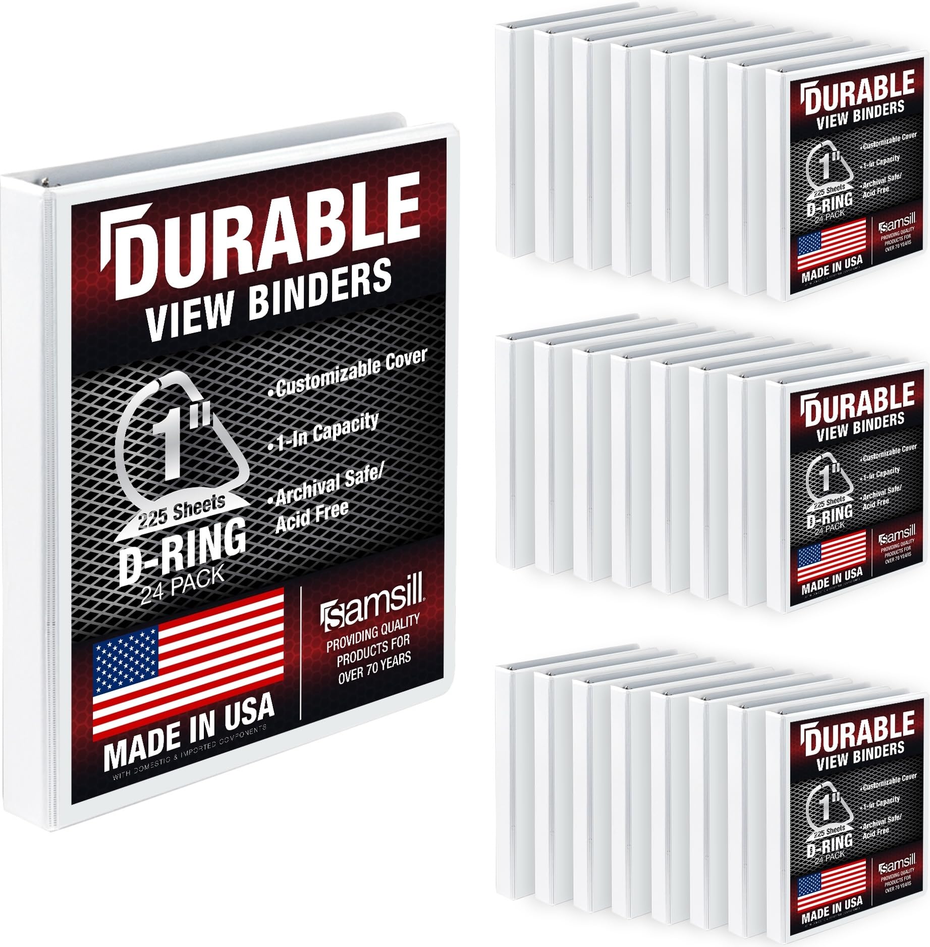 Samsill Durable 1 inch 3 Ring Binder, D Ring Binder, 100% Recycled Chipboard, White, 24 Pack, Bulk