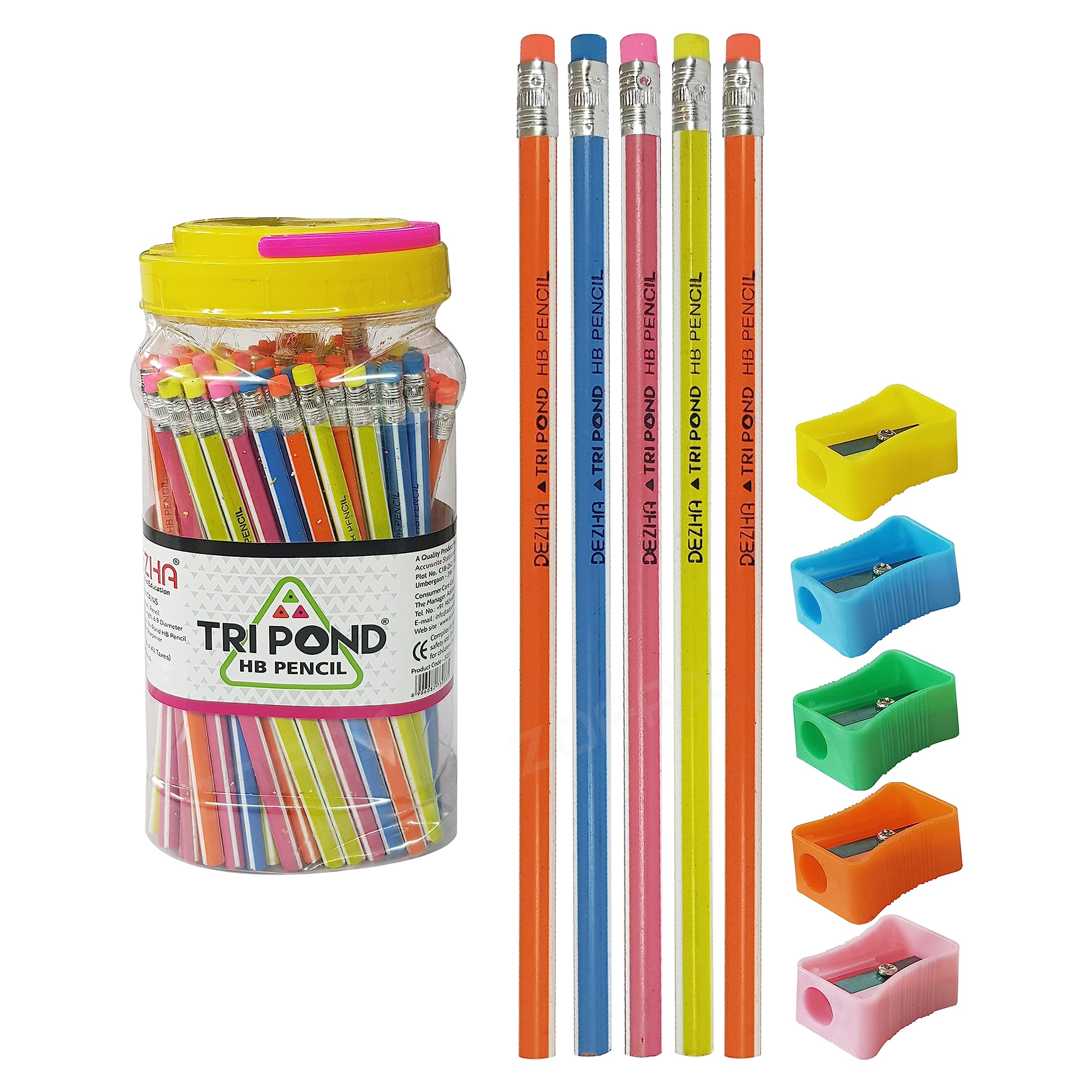 ZOFAX Tri-Pond HB Pencils With Eraser Tipped + Sharpeners, 100 Wooden Lead Pencils + 5 Sharpeners, Write Draw Sketch Pencil