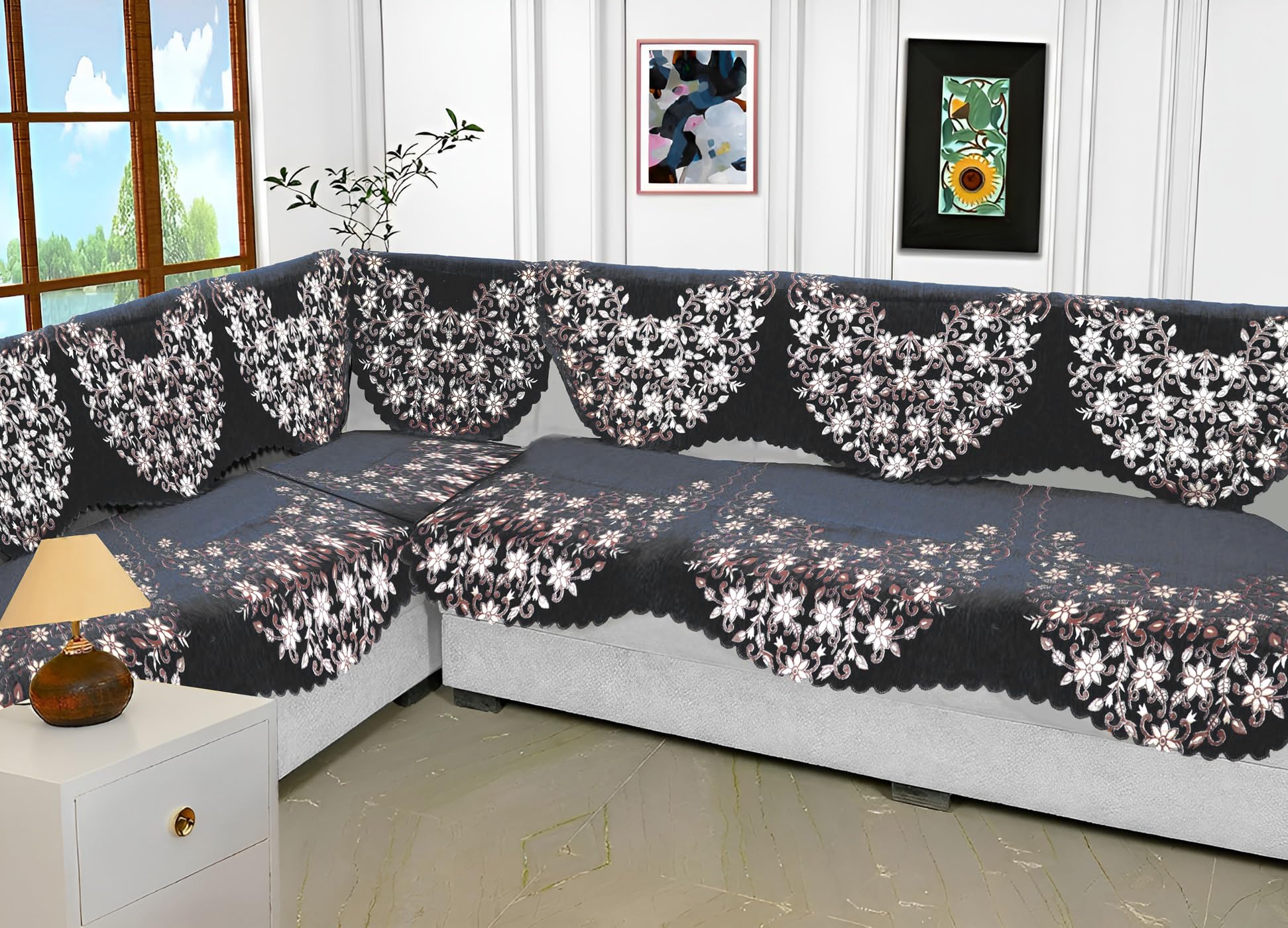 Fashion Throw Elegant Chenille Sofa Cover for L Shape Seater | Washable Durable Anti-Slip Furniture Protector (Dark Grey (Design-2), L-Shape) Chenille Heaven Collection