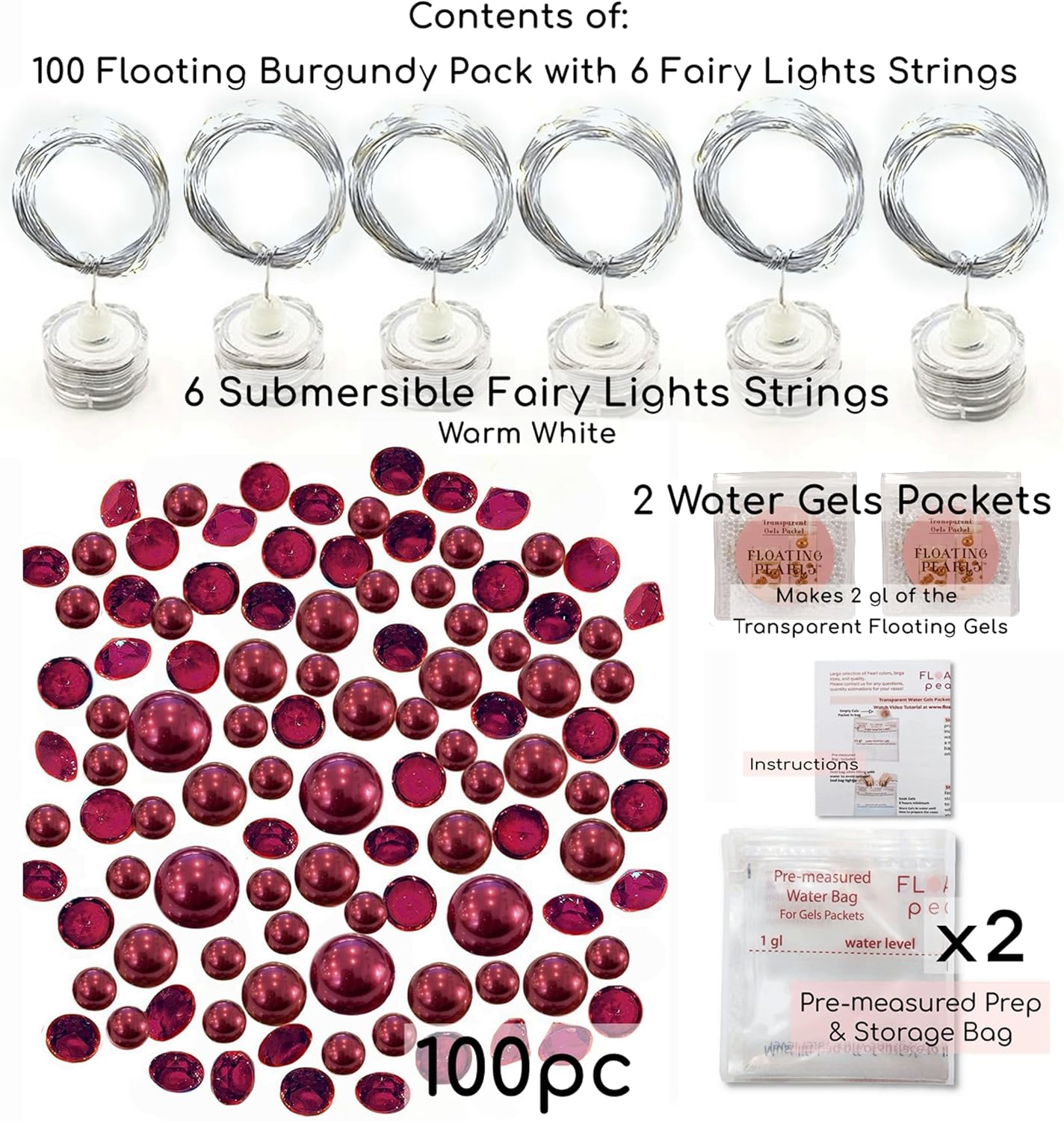 100 Burgundy Floating Pearls With Matching Gems-Large Sizes-Fills 4 Medium Size Vases (vases not included)-With Floating Transparent Water Gels-Measured Prep Bags-And 6 White Submersible Fairy Lights
