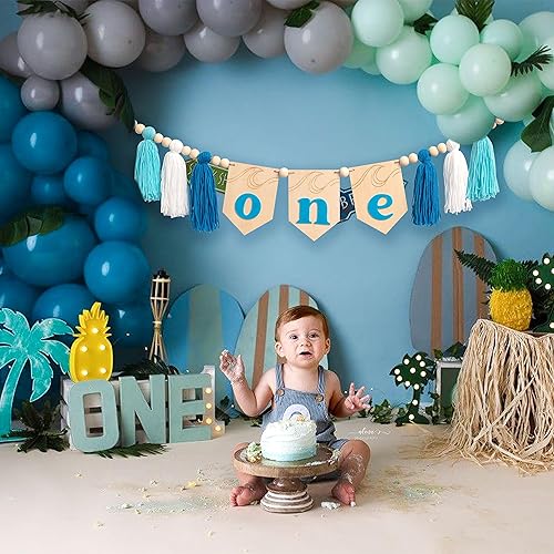 Miniatura 4 de The Big One - Cartel de madera para silla alta con borlas, decoración de fiesta de cumpleaños con temática de surf de madera, pancarta para silla