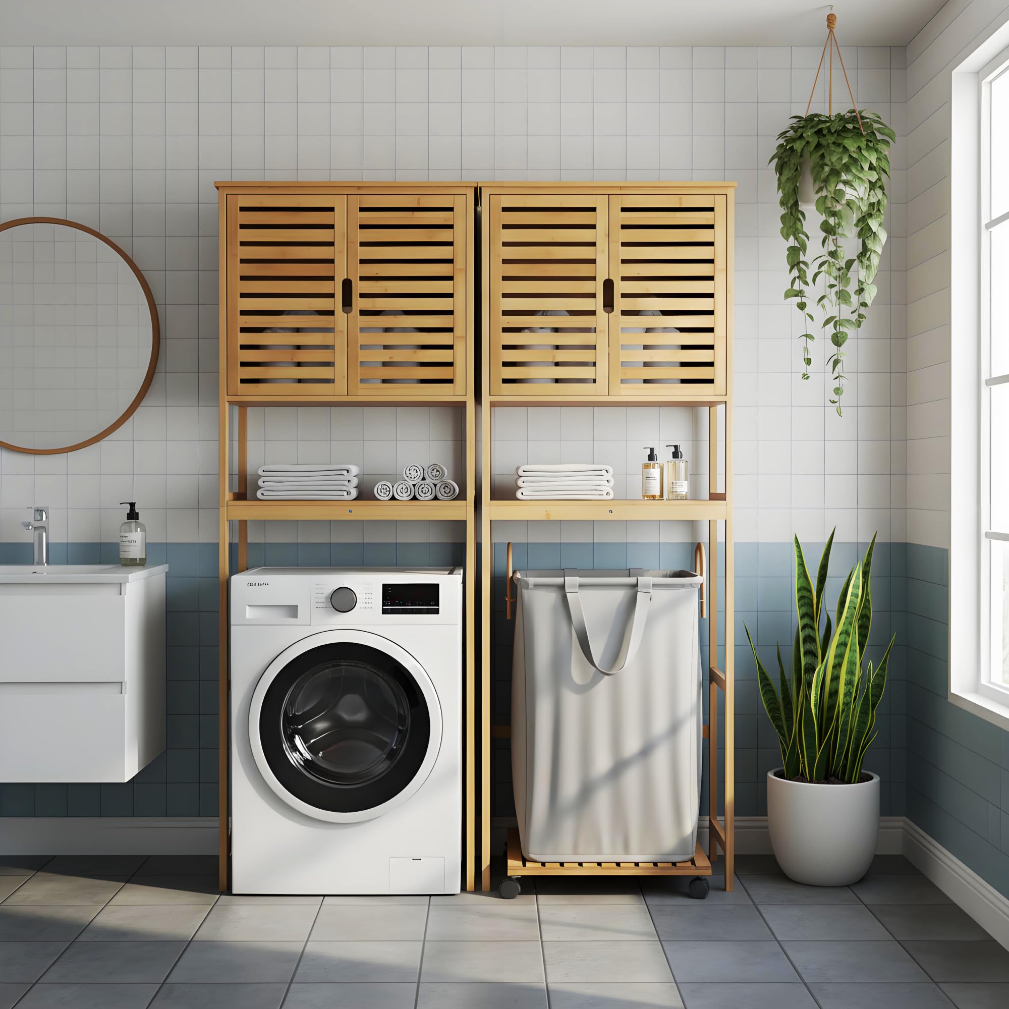 Toilettenregal Bambus 170x66x23 cm - Waschmaschinenregal | Badregal bambus, wc regal, platzsparend, ueberbauschrank, waschmaschinenschrank, kippschutz, lamellentueren, stabil