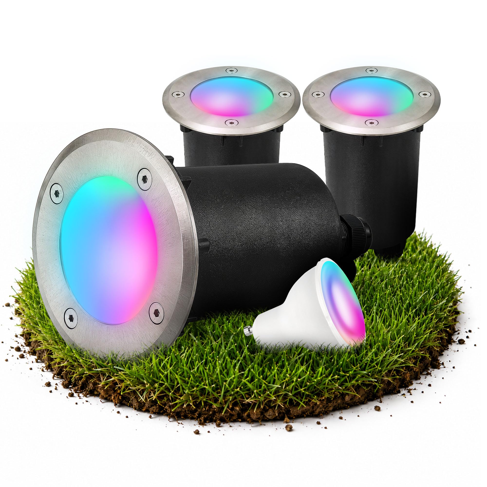 SSC-LUXon 3x MARNE Bodeneinbaustrahler Gartenspot - inkl. LED GU10 WLAN Smart RGB CCT - Außenbeleuchtung rostfrei & befahrbar Steuerbar über App & Sprache