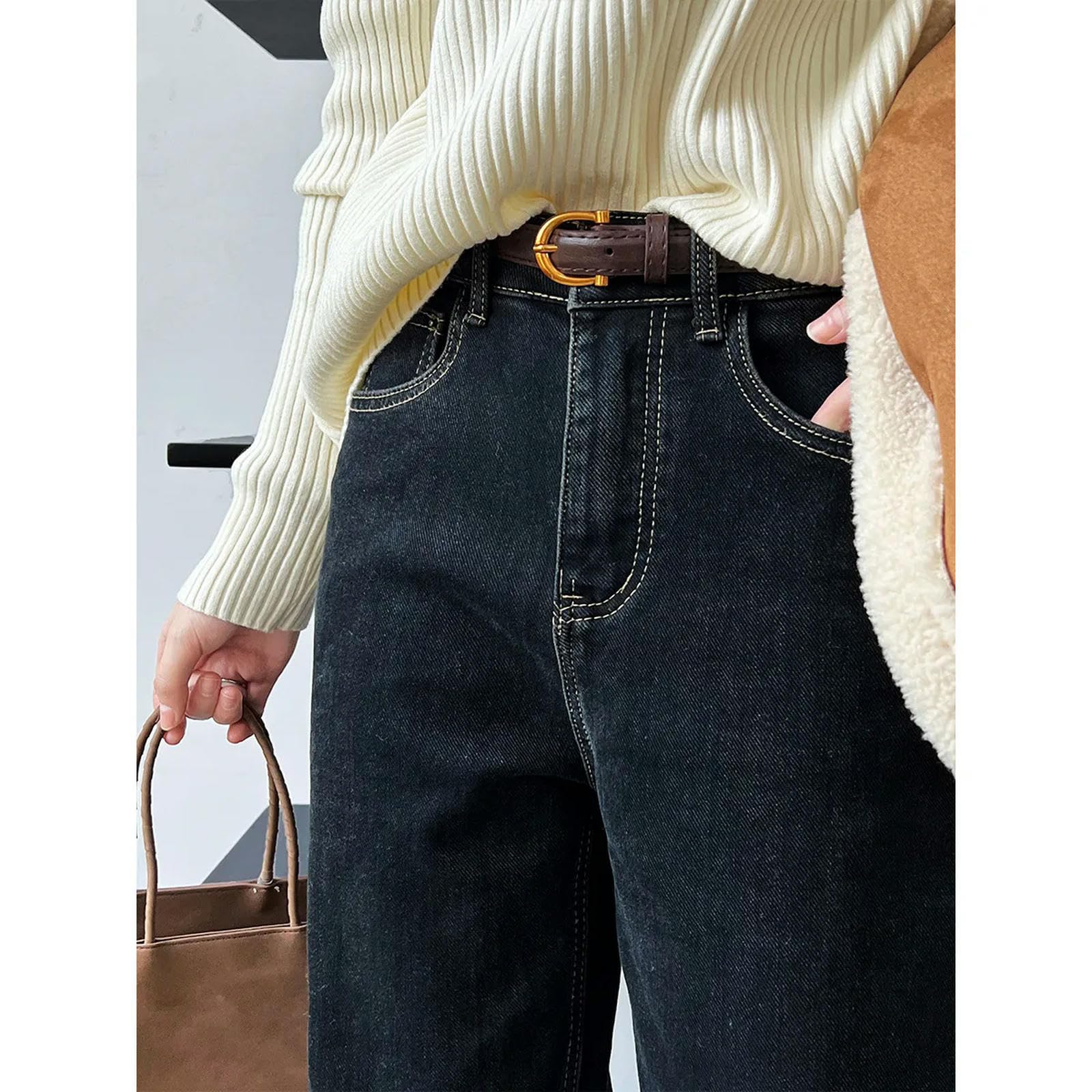 Pantaloni a Gamba Larga in Denim Autunno e Inverno Jeans Gamba Dritta Allineati in Vello da Donna per Le Donne Pantaloni di Denim con Vita Alta- Blu Nero-XL