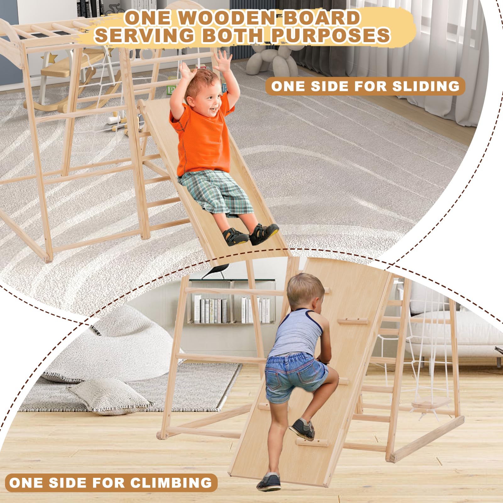 8 in 1 Klettergerüst Indoor für Kinder, Indoor Spielplatz Jungle Fitnessstudio Holz Kletter Spielset mit Rutsche, Schaukel, Affen Bars,Kletterwand, Kletterseil, Spielplatz für Kinderzimmer